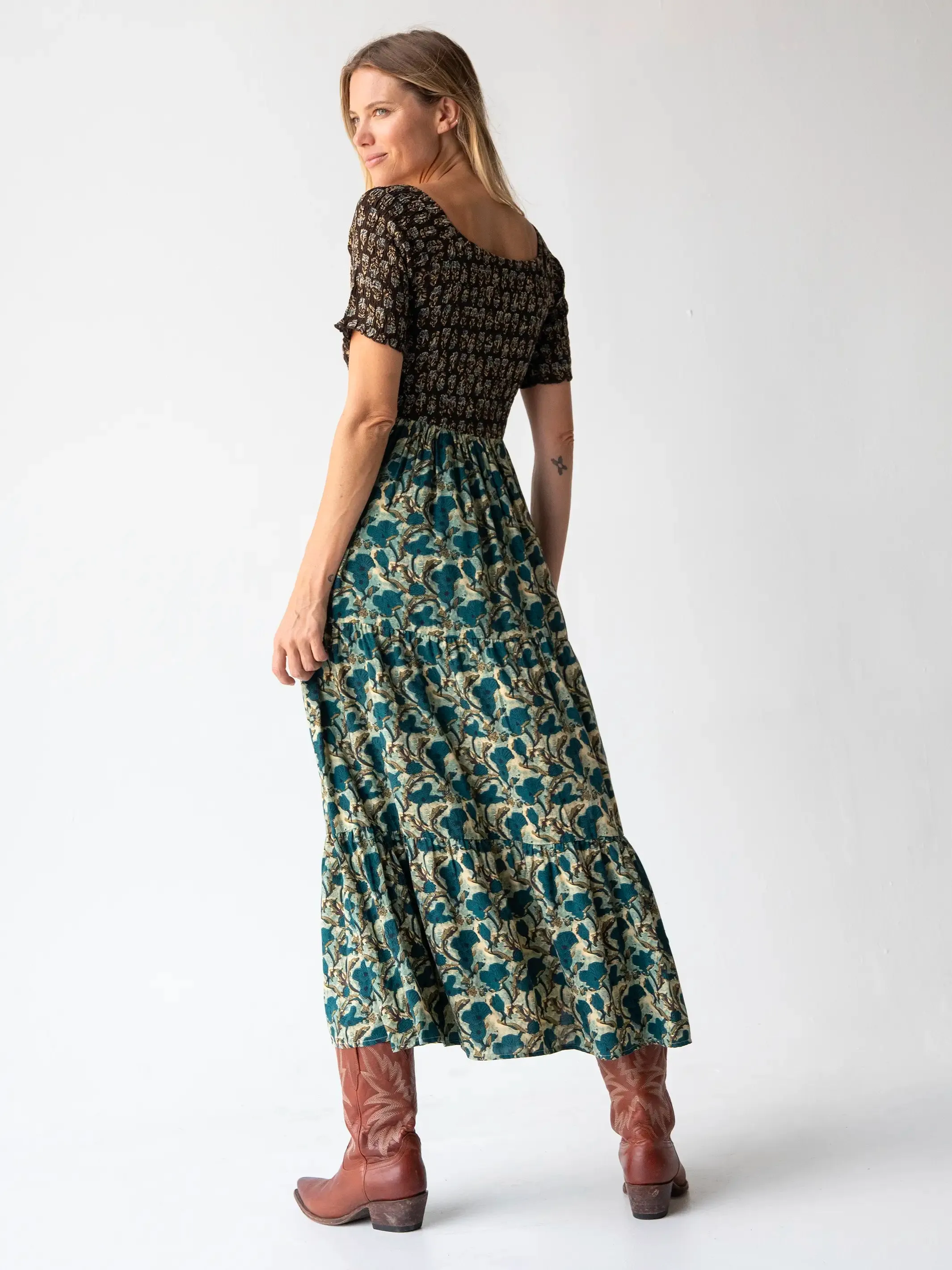 Daisy Tiered Maxi Dress - Teal Dark Brown Mixed Floral sold by NATURAL LIFE product image thumbnail 5