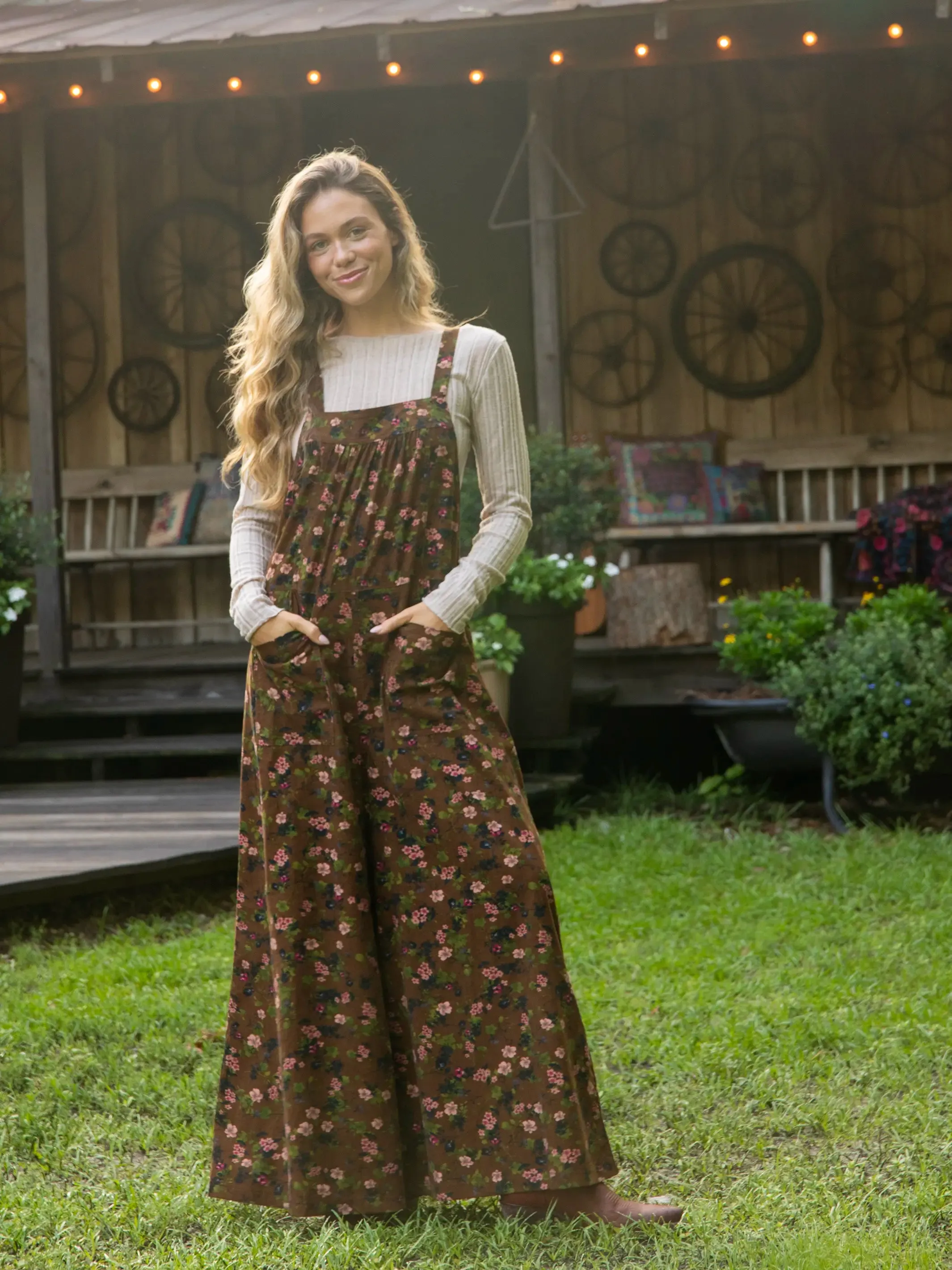 Dakota Corduroy Tie Overall - Brown Green Bouquets Floral sold by NATURAL LIFE product image thumbnail 3