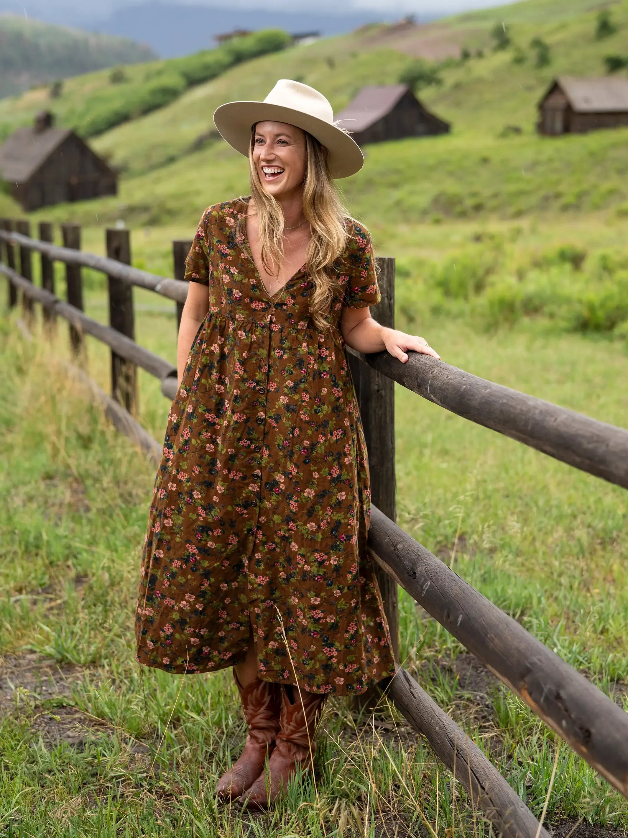 Avery Corduroy Midi Dress - Brown Green Bouquets Floral sold by NATURAL LIFE