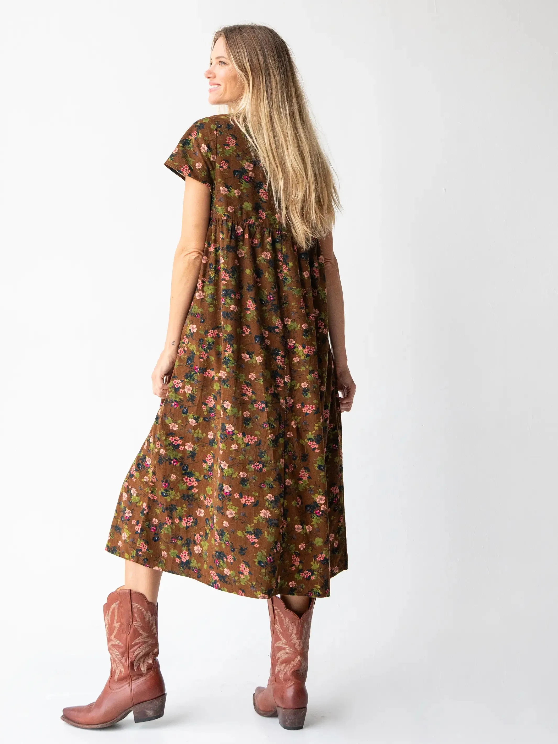 Avery Corduroy Midi Dress - Brown Green Bouquets Floral sold by NATURAL LIFE product image thumbnail 4