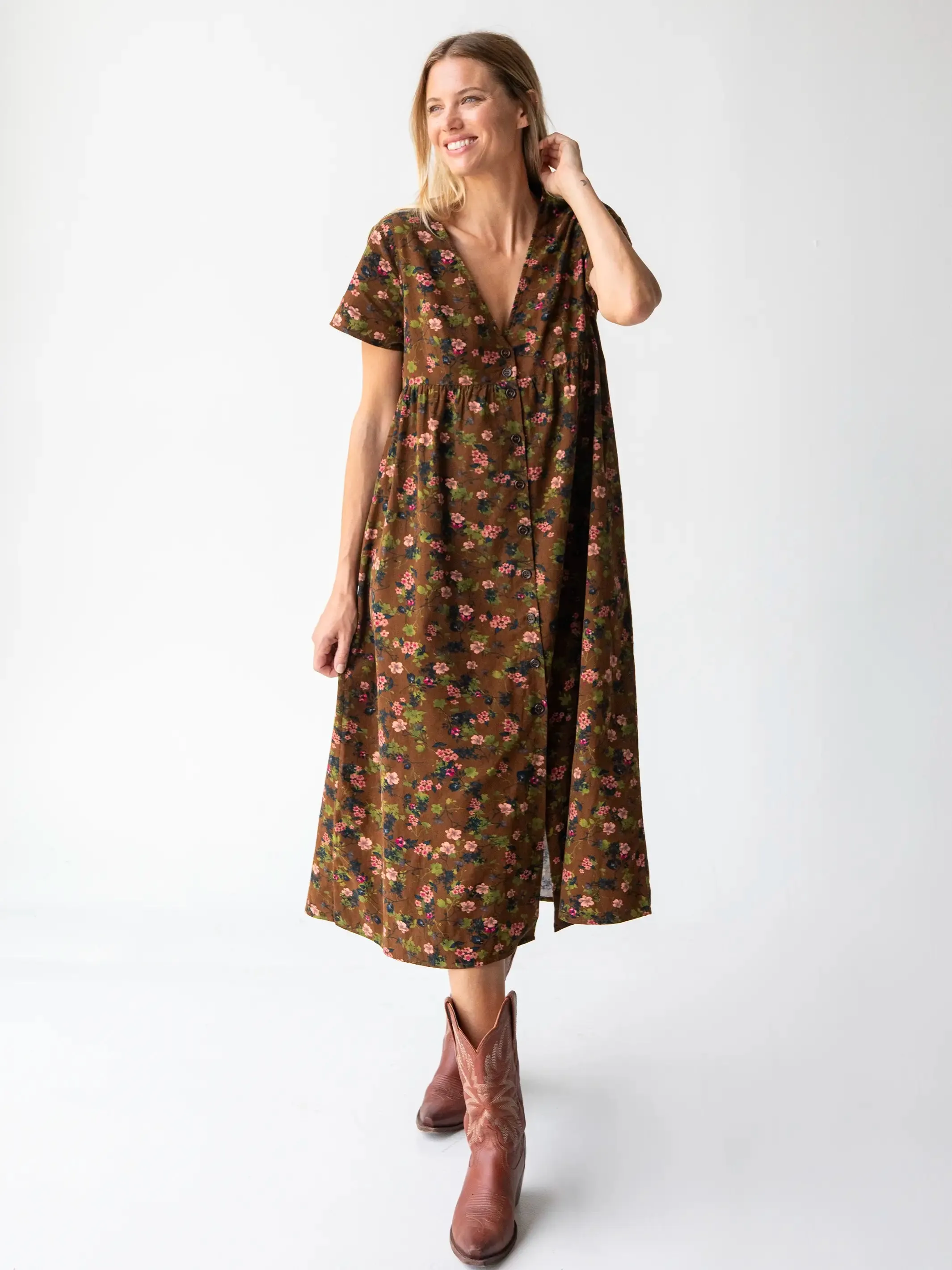 Avery Corduroy Midi Dress - Brown Green Bouquets Floral sold by NATURAL LIFE product image thumbnail 3