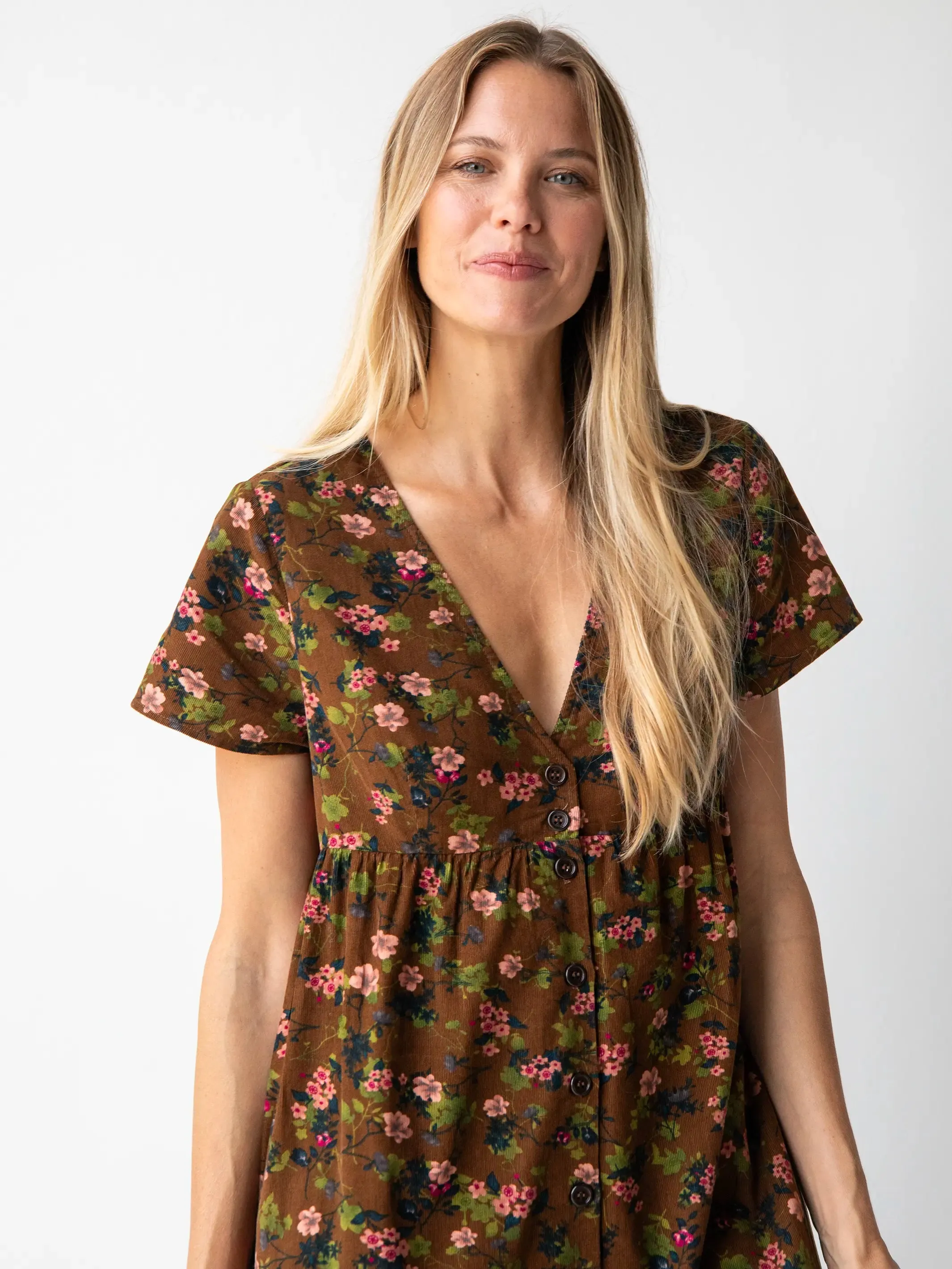 Avery Corduroy Midi Dress - Brown Green Bouquets Floral sold by NATURAL LIFE product image thumbnail 2