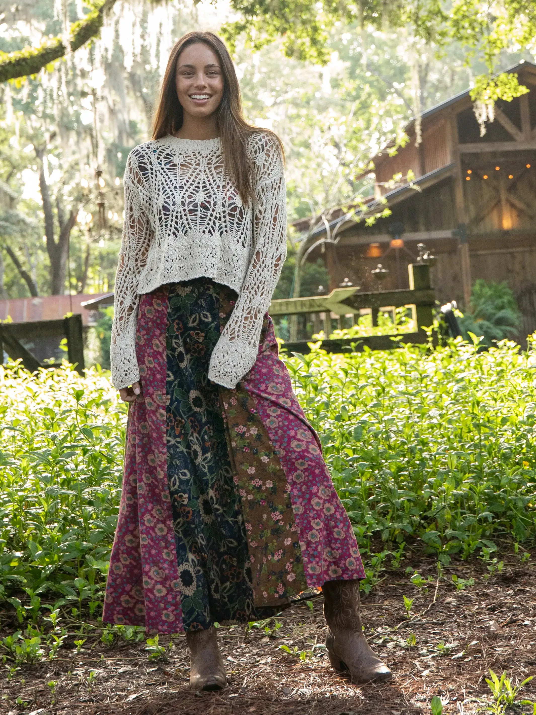 Valentina Corduroy Maxi Skirt - Cranberry Navy Brown Mixed Floral sold by NATURAL LIFE