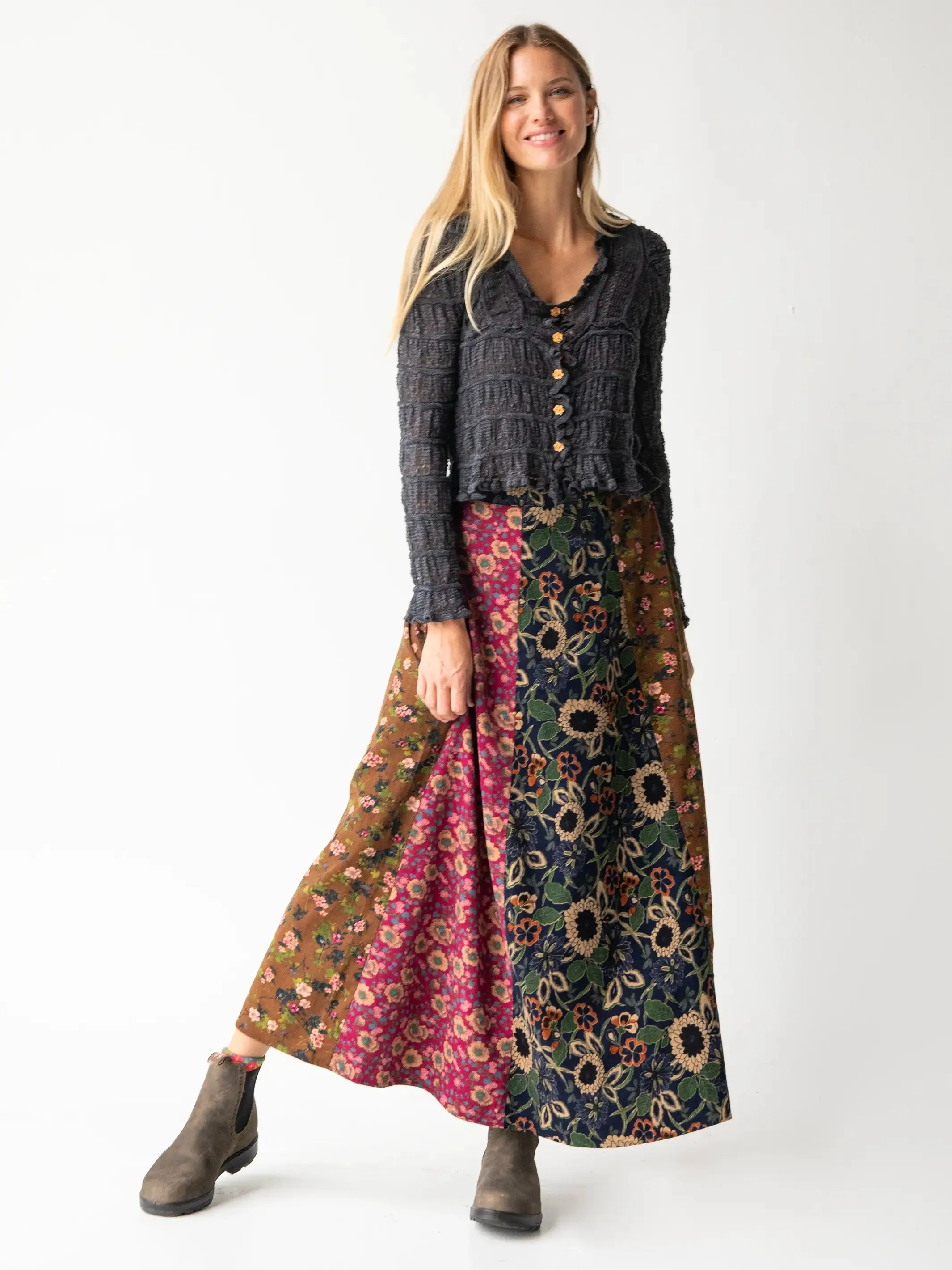 Valentina Corduroy Maxi Skirt - Cranberry Navy Brown Mixed Floral sold by NATURAL LIFE product image thumbnail 4