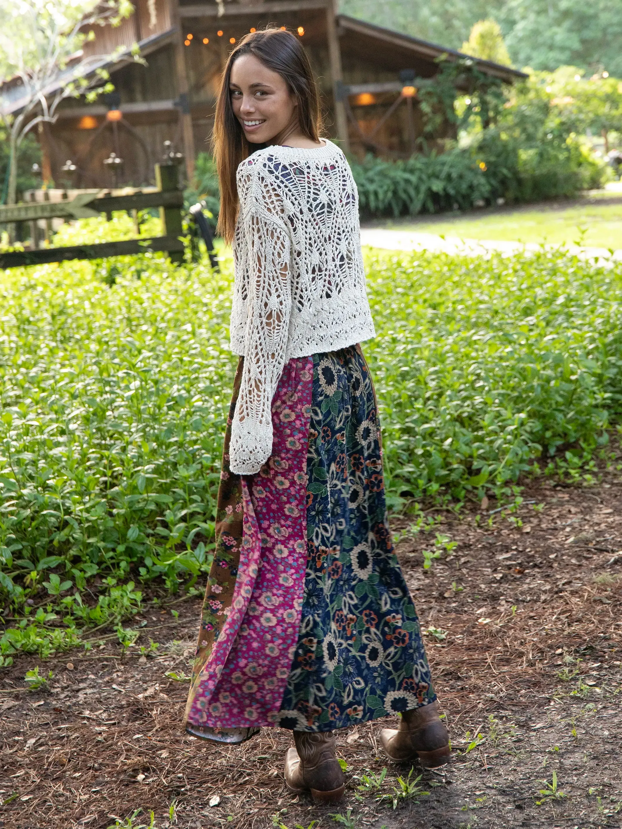 Valentina Corduroy Maxi Skirt - Cranberry Navy Brown Mixed Floral sold by NATURAL LIFE product image thumbnail 3