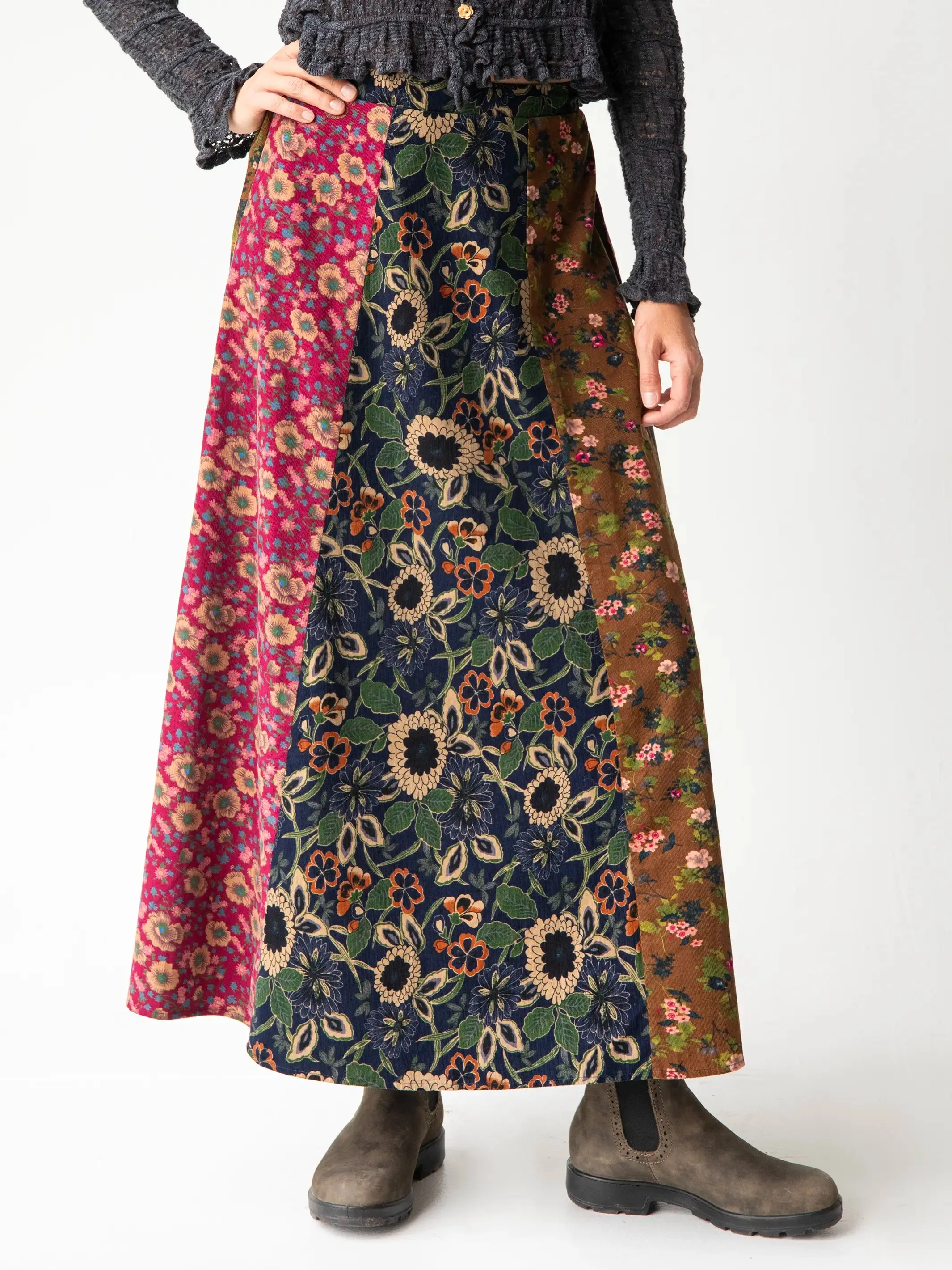 Valentina Corduroy Maxi Skirt - Cranberry Navy Brown Mixed Floral sold by NATURAL LIFE product image thumbnail 2