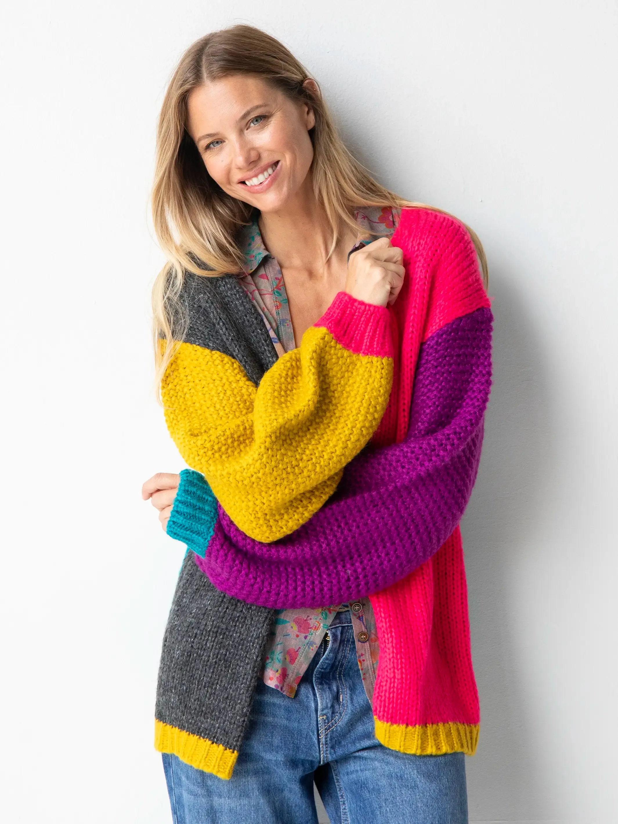 Oversized Color Block Cardigan Sweater - Multicolored sold by NATURAL LIFE