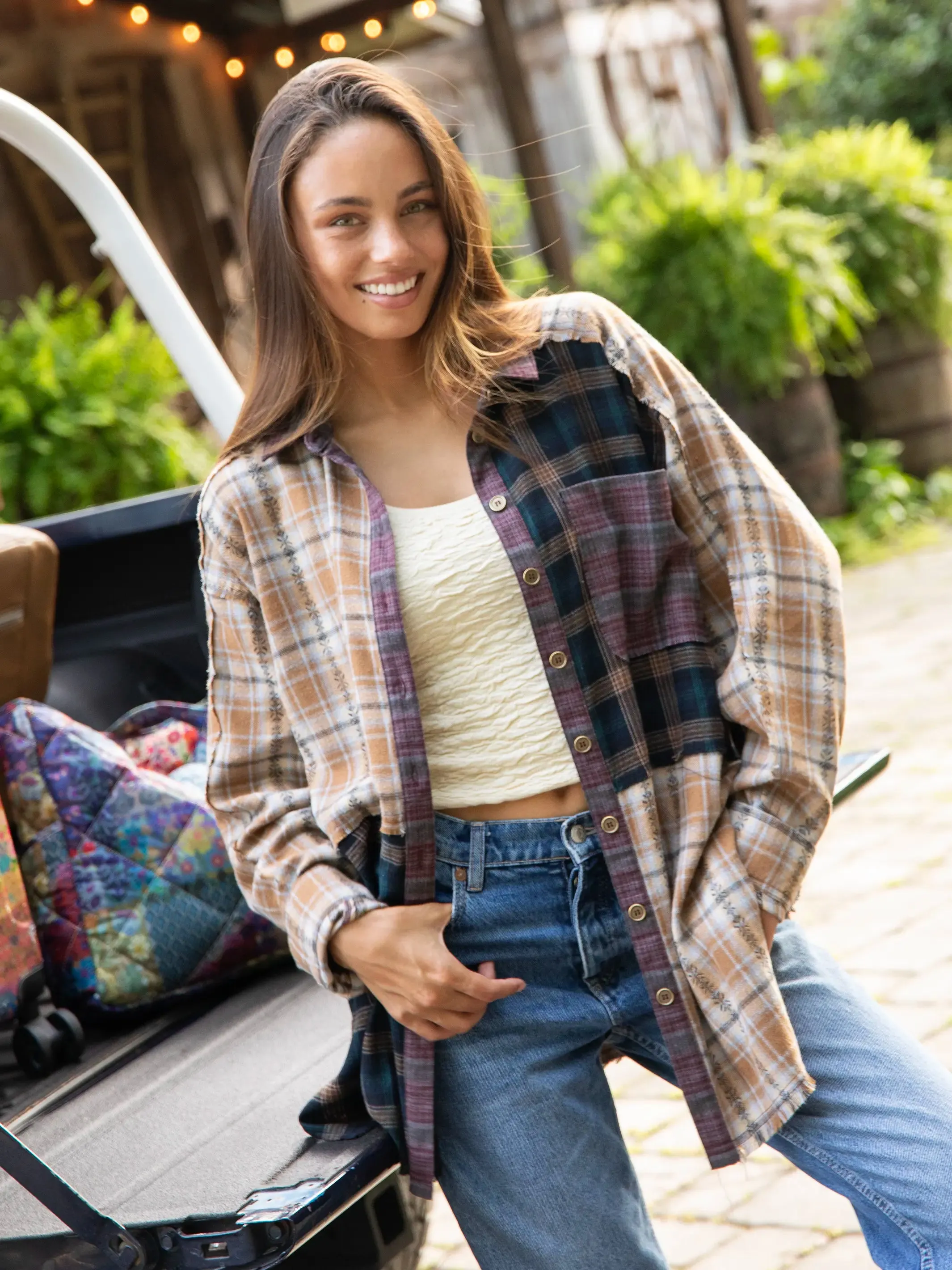 Elliott Mixed Flannel Button Down Top - Tan Navy Mixed Plaid sold by NATURAL LIFE