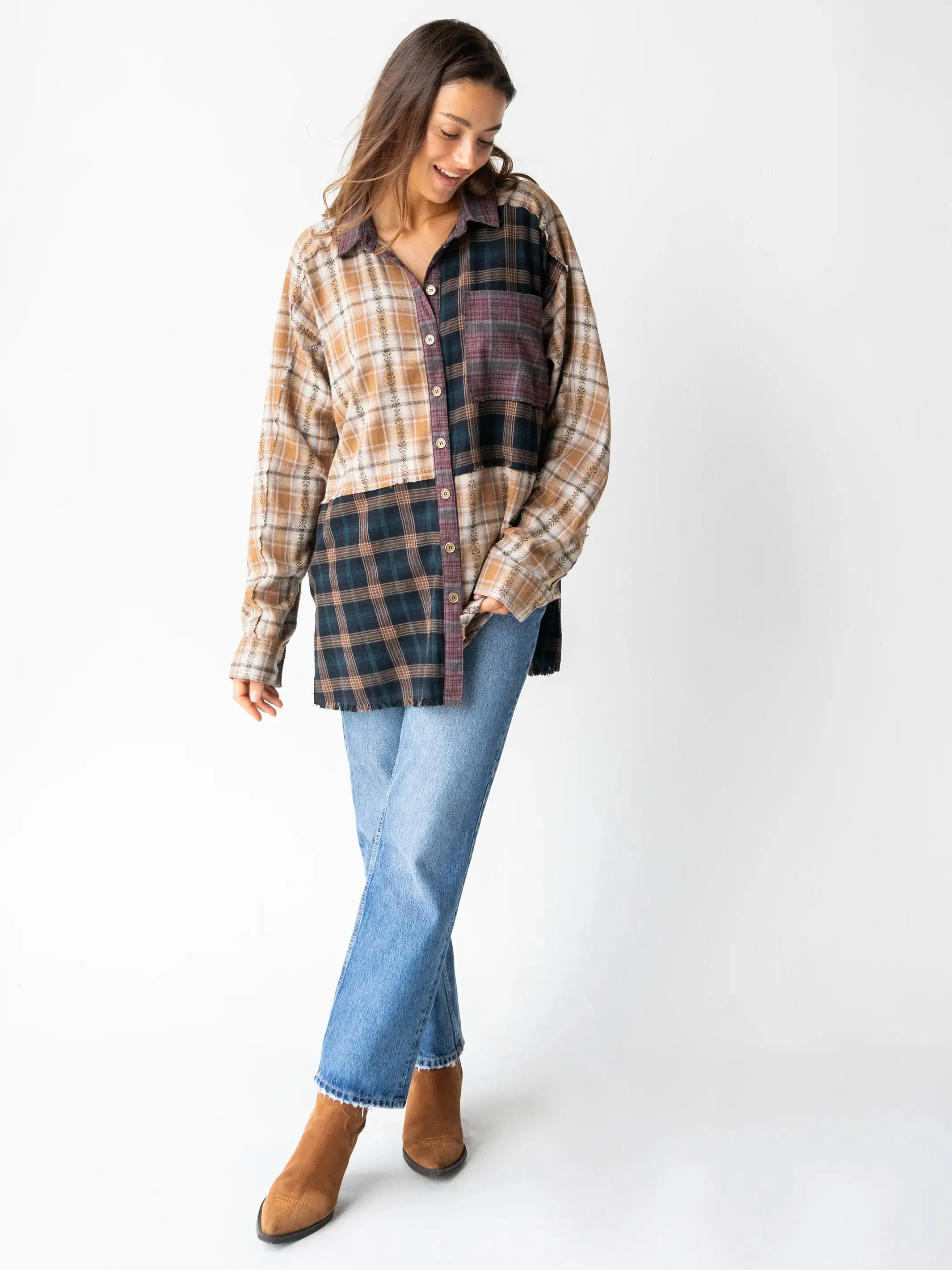 Elliott Mixed Flannel Button Down Top - Tan Navy Mixed Plaid sold by NATURAL LIFE product image thumbnail 5