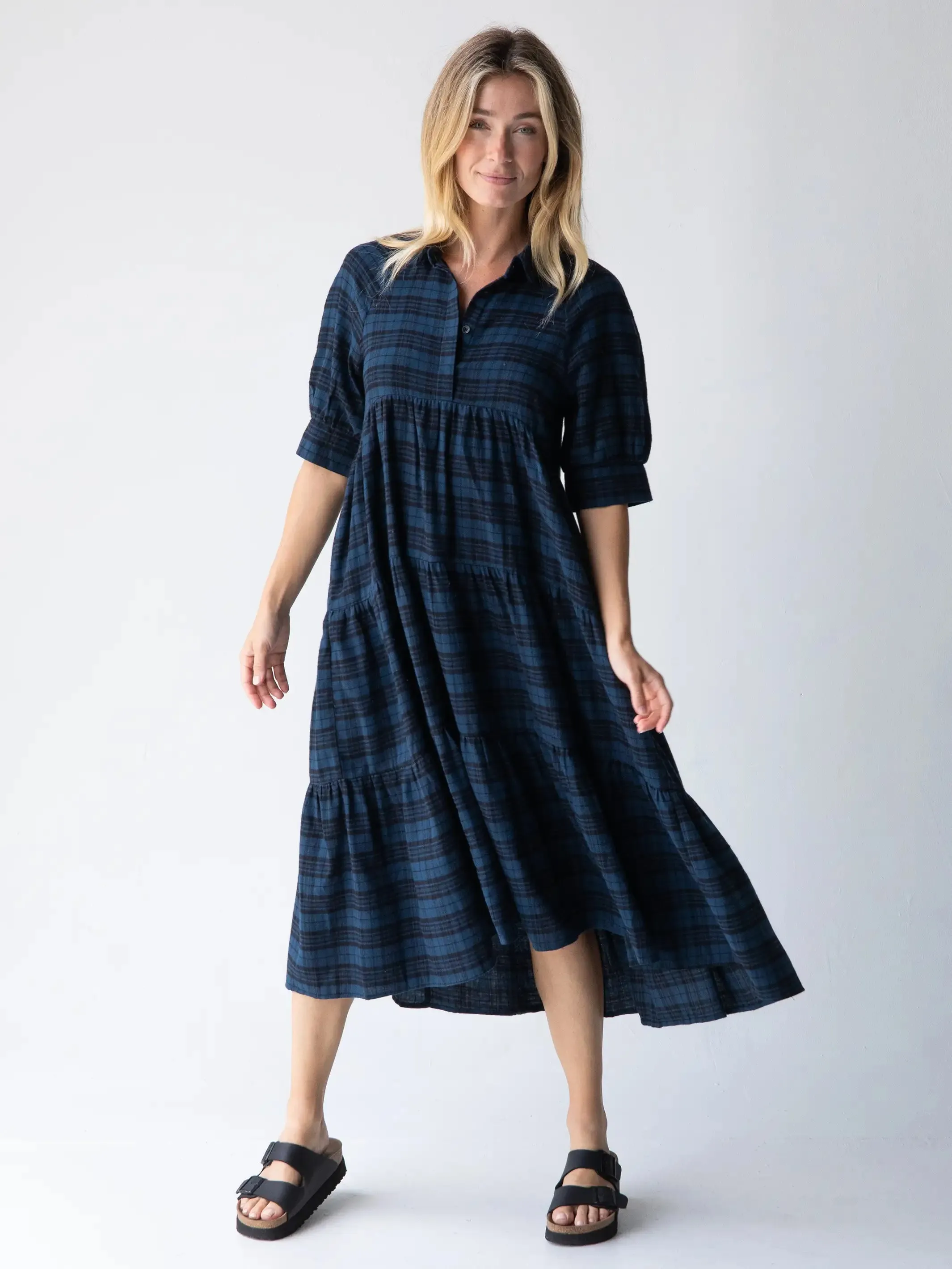 Rebecca Flannel Midi Dress - Blue Black Plaid sold by NATURAL LIFE product image thumbnail 4