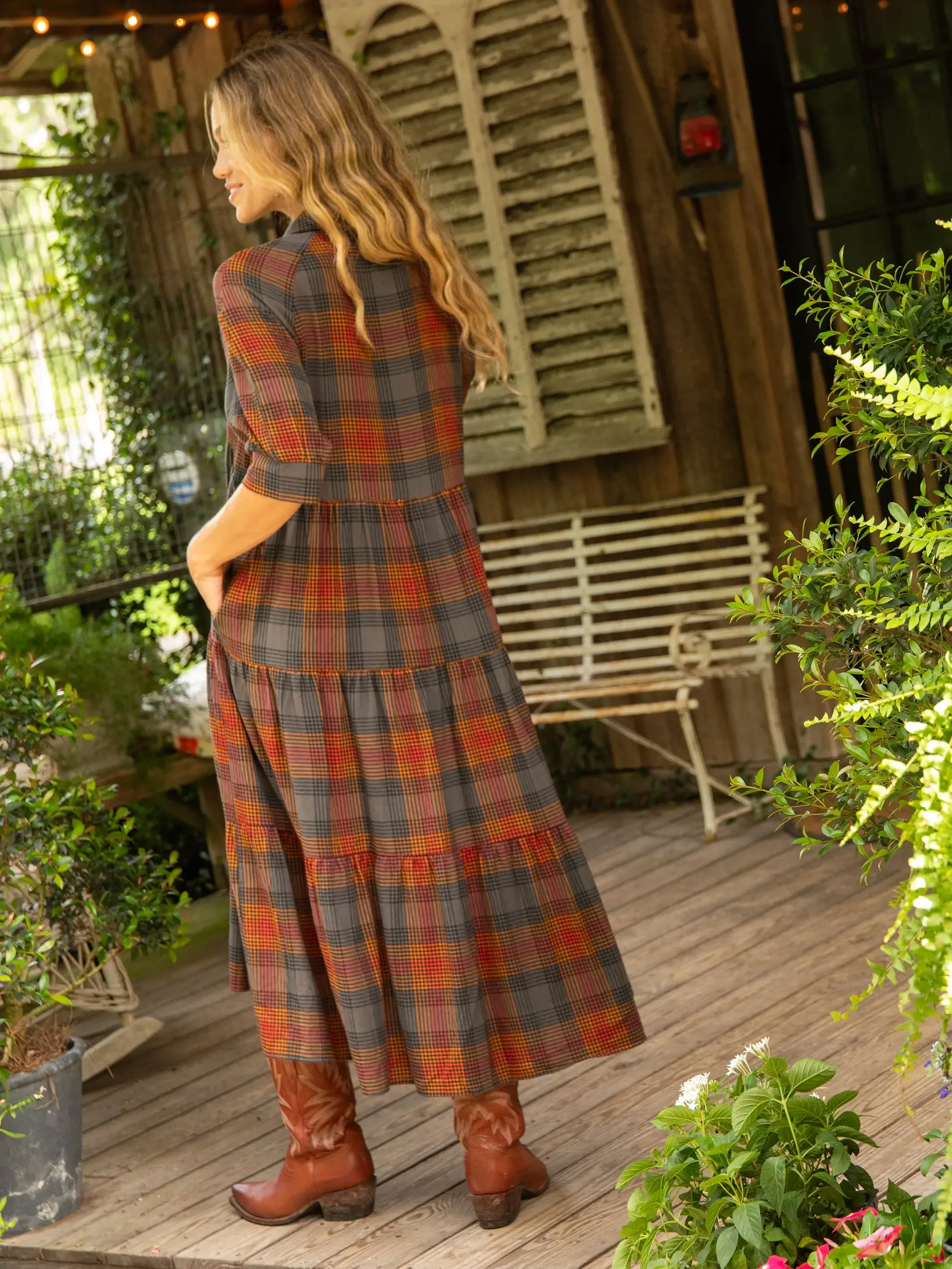 Rebecca Flannel Midi Dress - Black Orange Plaid sold by NATURAL LIFE product image thumbnail 3