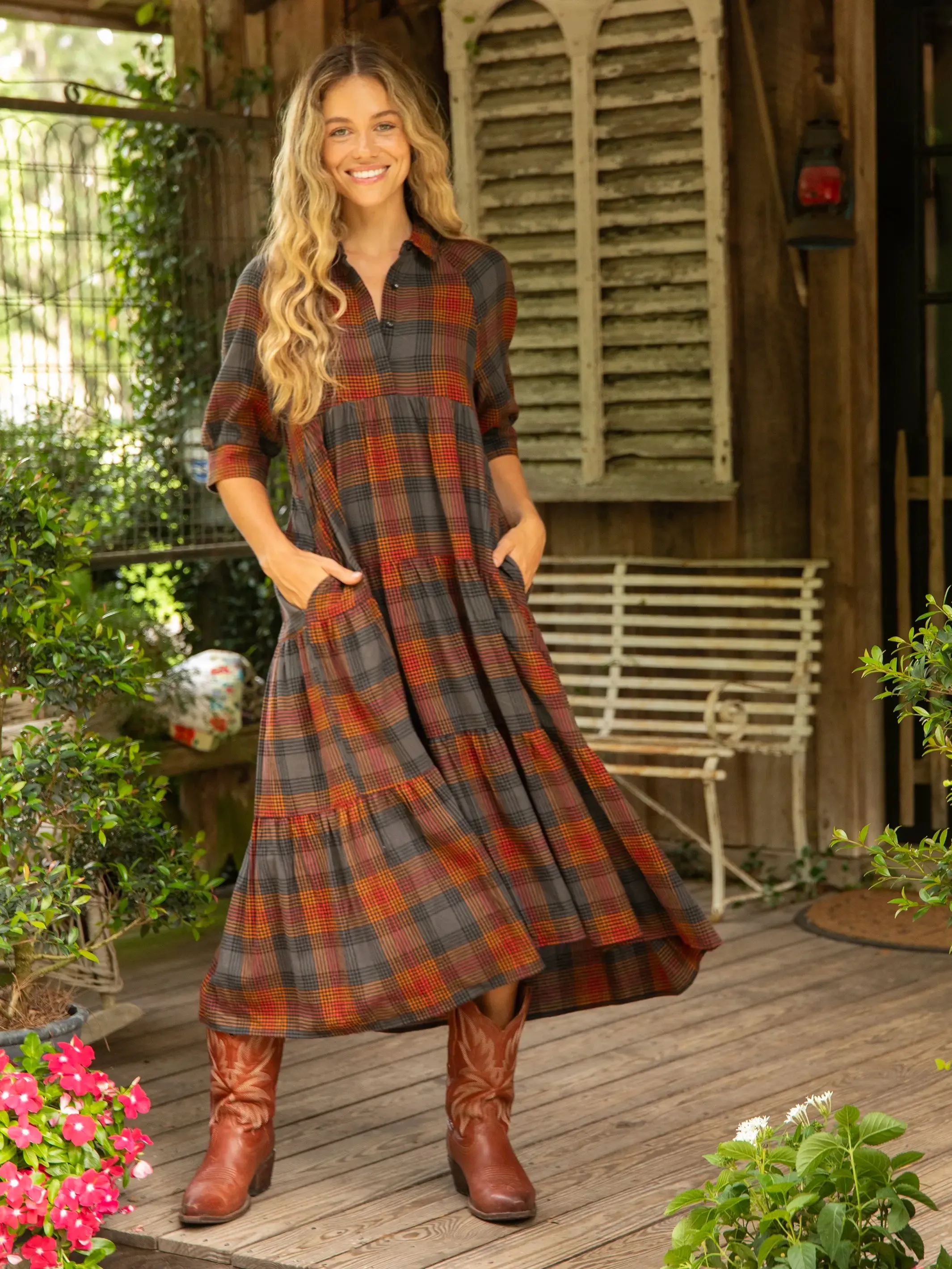 Rebecca Flannel Midi Dress - Black Orange Plaid sold by NATURAL LIFE