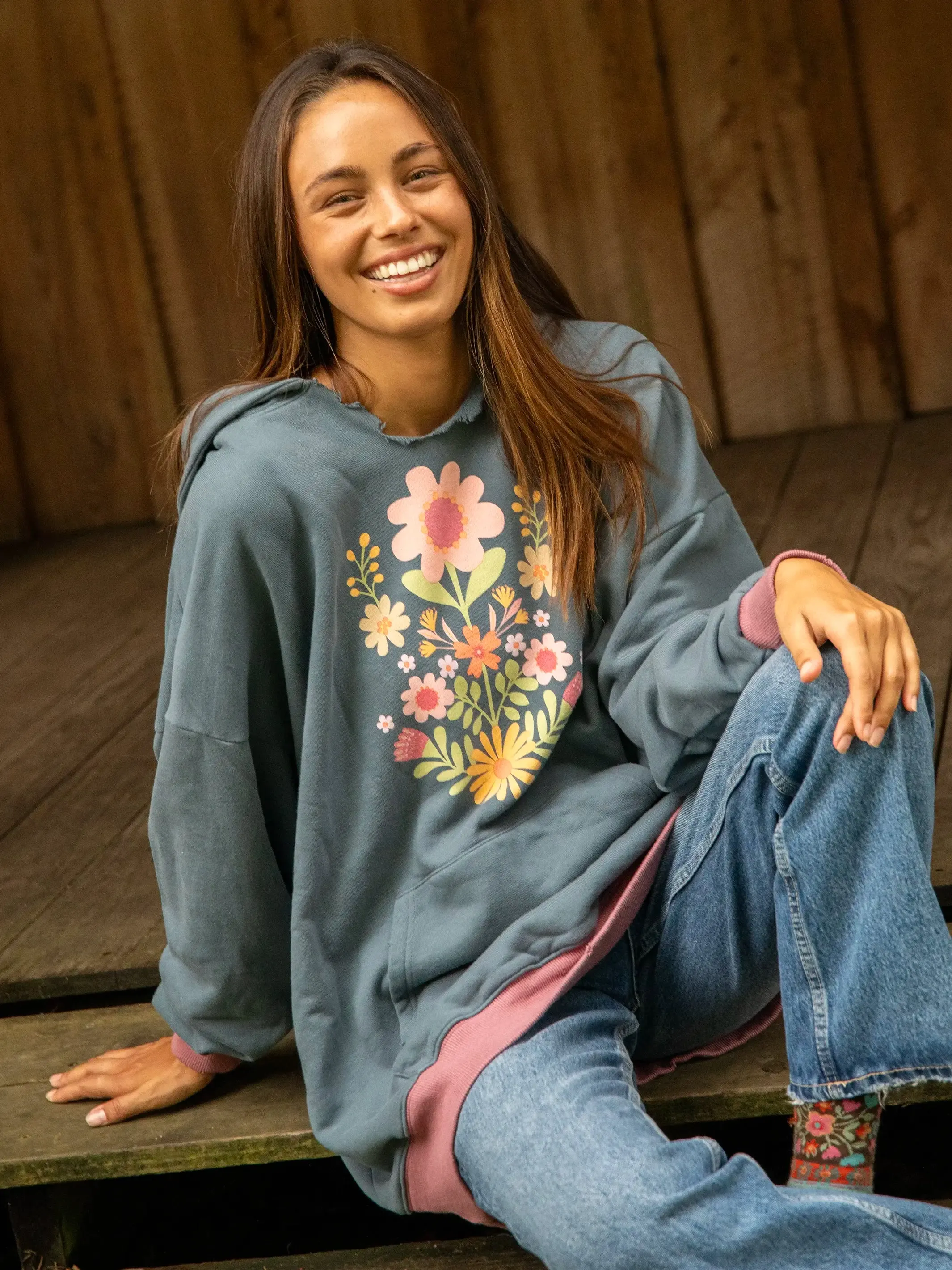 Oversized Graphic Sweatshirt - Washed Navy Folk Flower sold by NATURAL LIFE