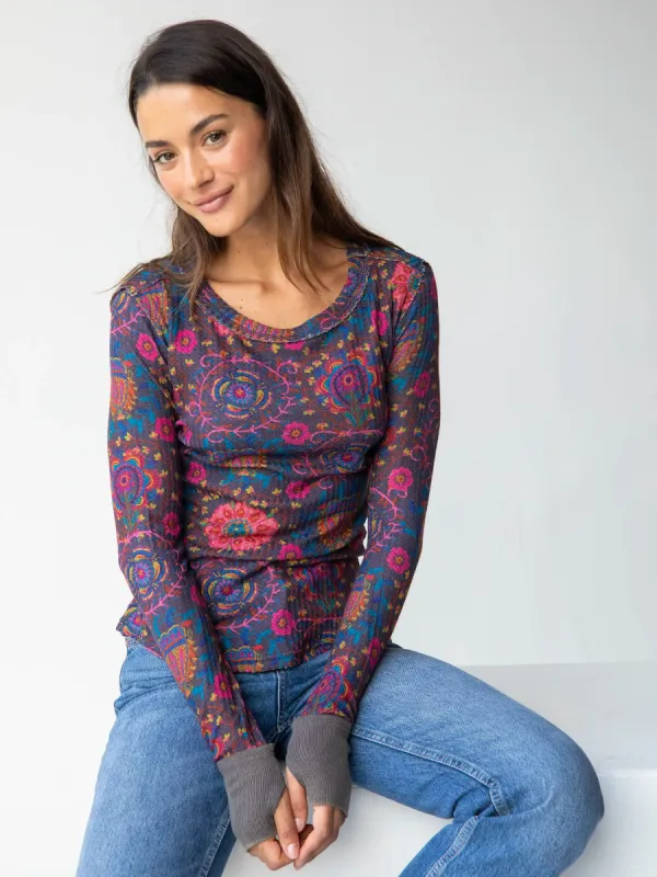 Brooklyn Raw Edge Thermal Top - Black Printed Folk Circles sold by NATURAL LIFE