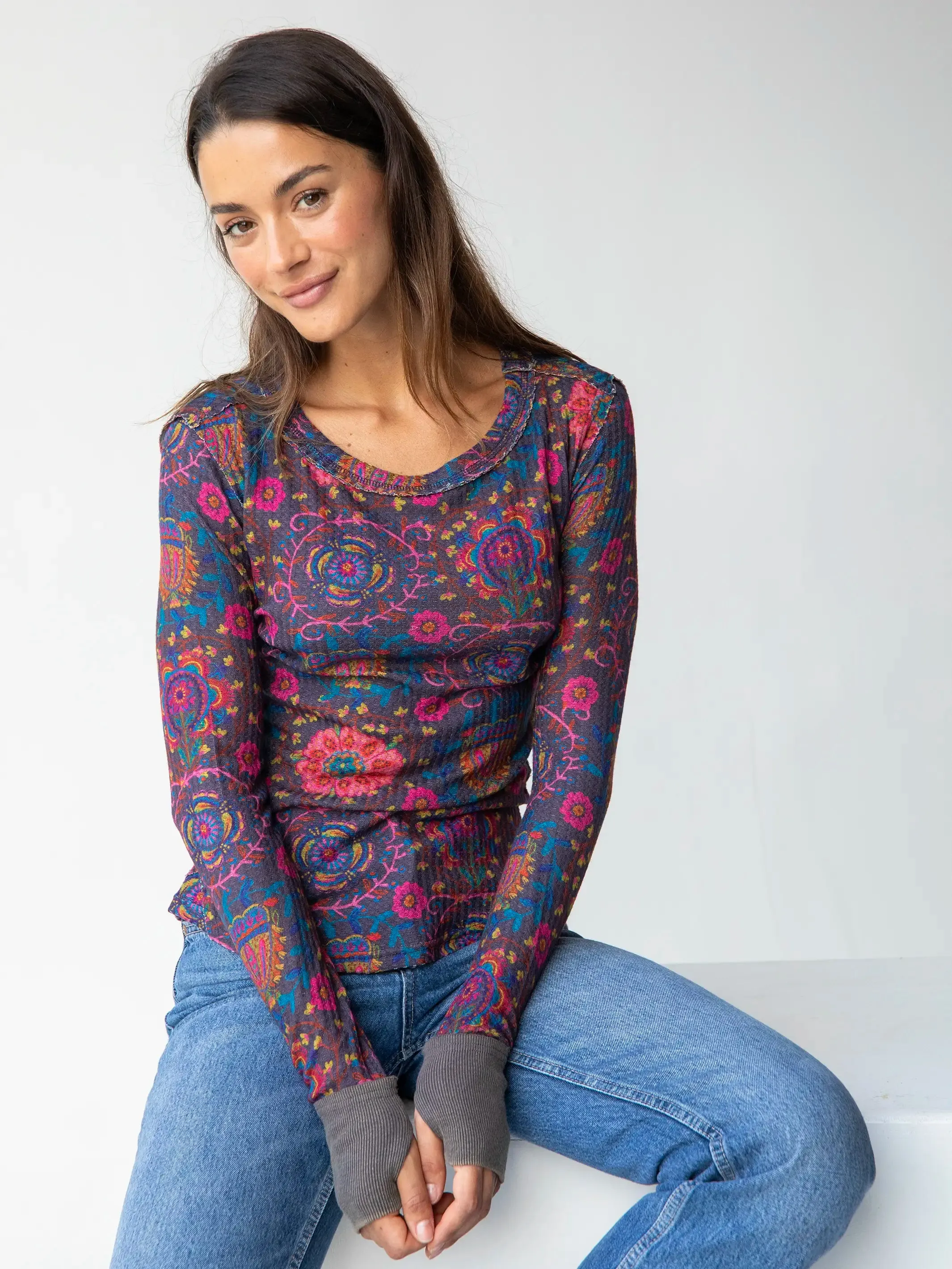 Brooklyn Raw Edge Thermal Top - Black Printed Folk Circles sold by NATURAL LIFE
