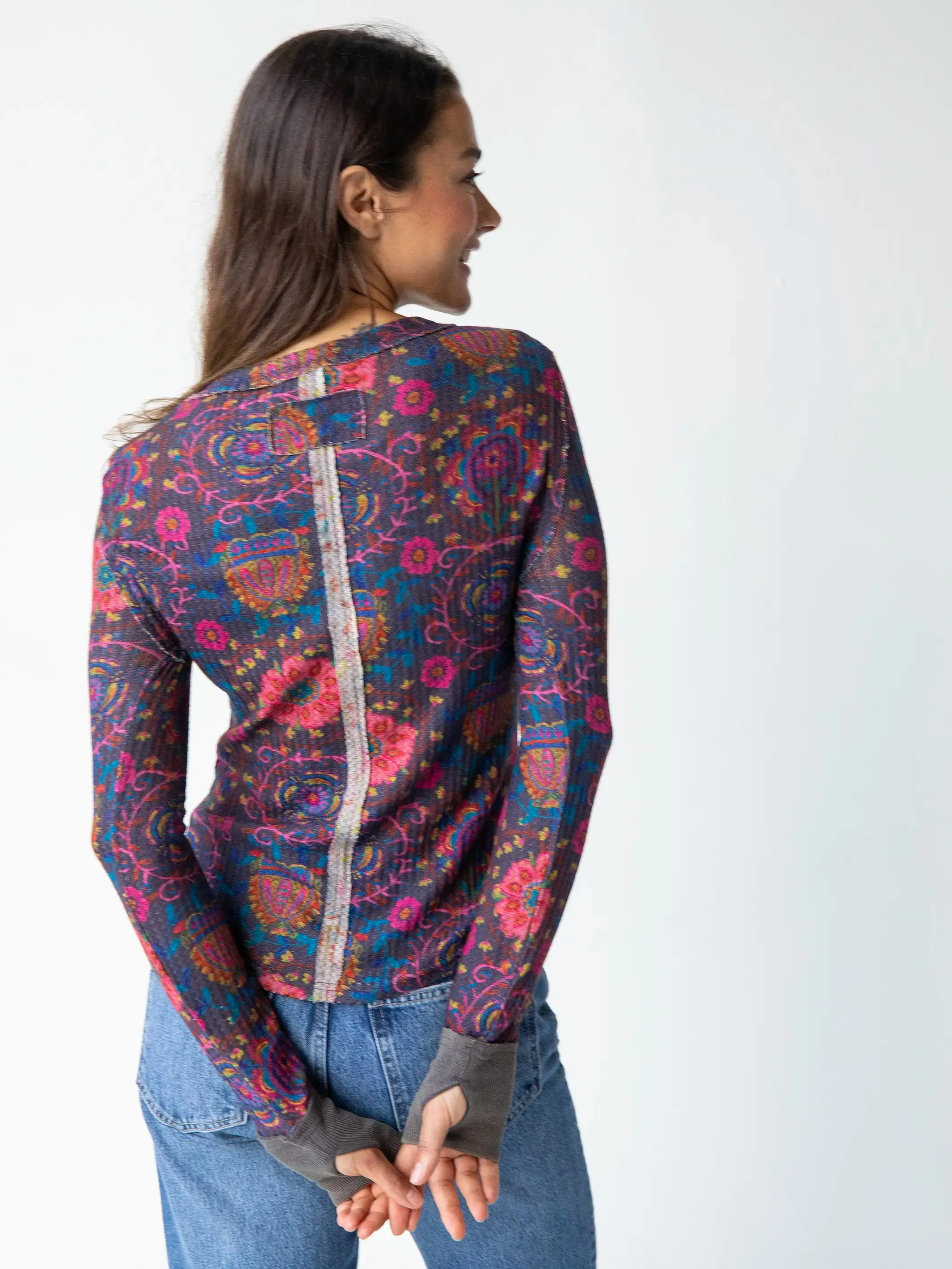 Brooklyn Raw Edge Thermal Top - Black Printed Folk Circles sold by NATURAL LIFE product image thumbnail 3