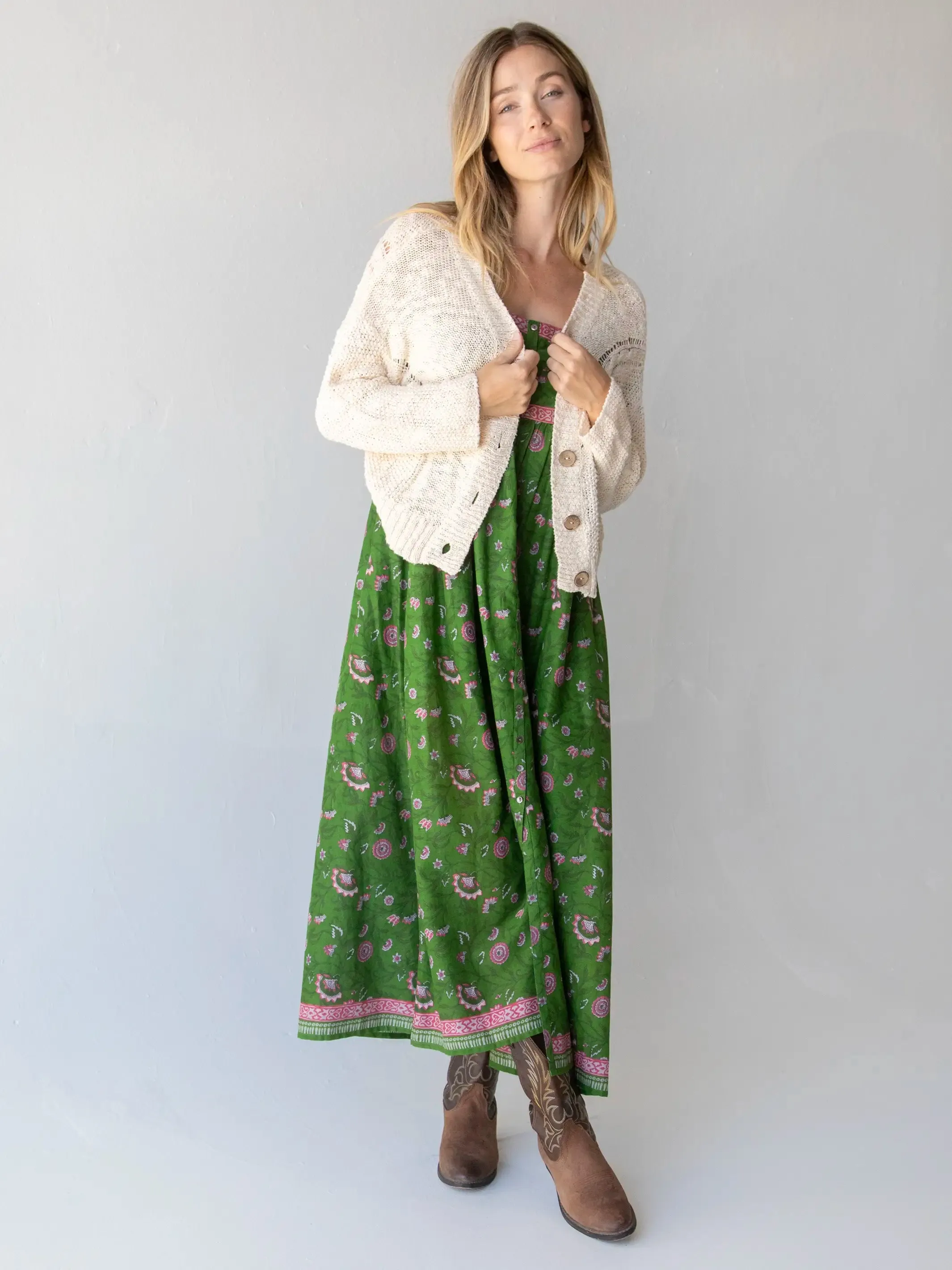 Sidney Maxi Dress - Green Pink Vines Cotton sold by NATURAL LIFE product image thumbnail 2