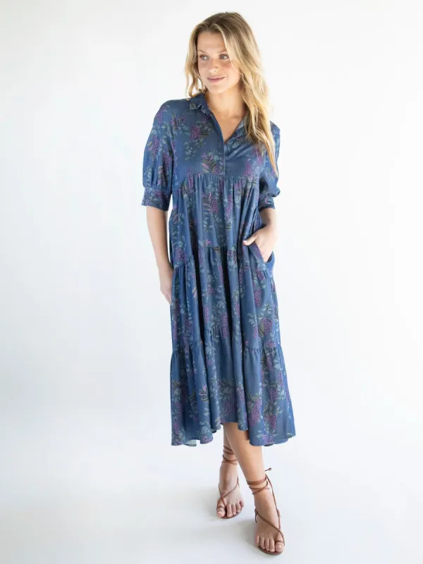 Rebecca Midi Dress - Denim Wisteria Floral sold by NATURAL LIFE