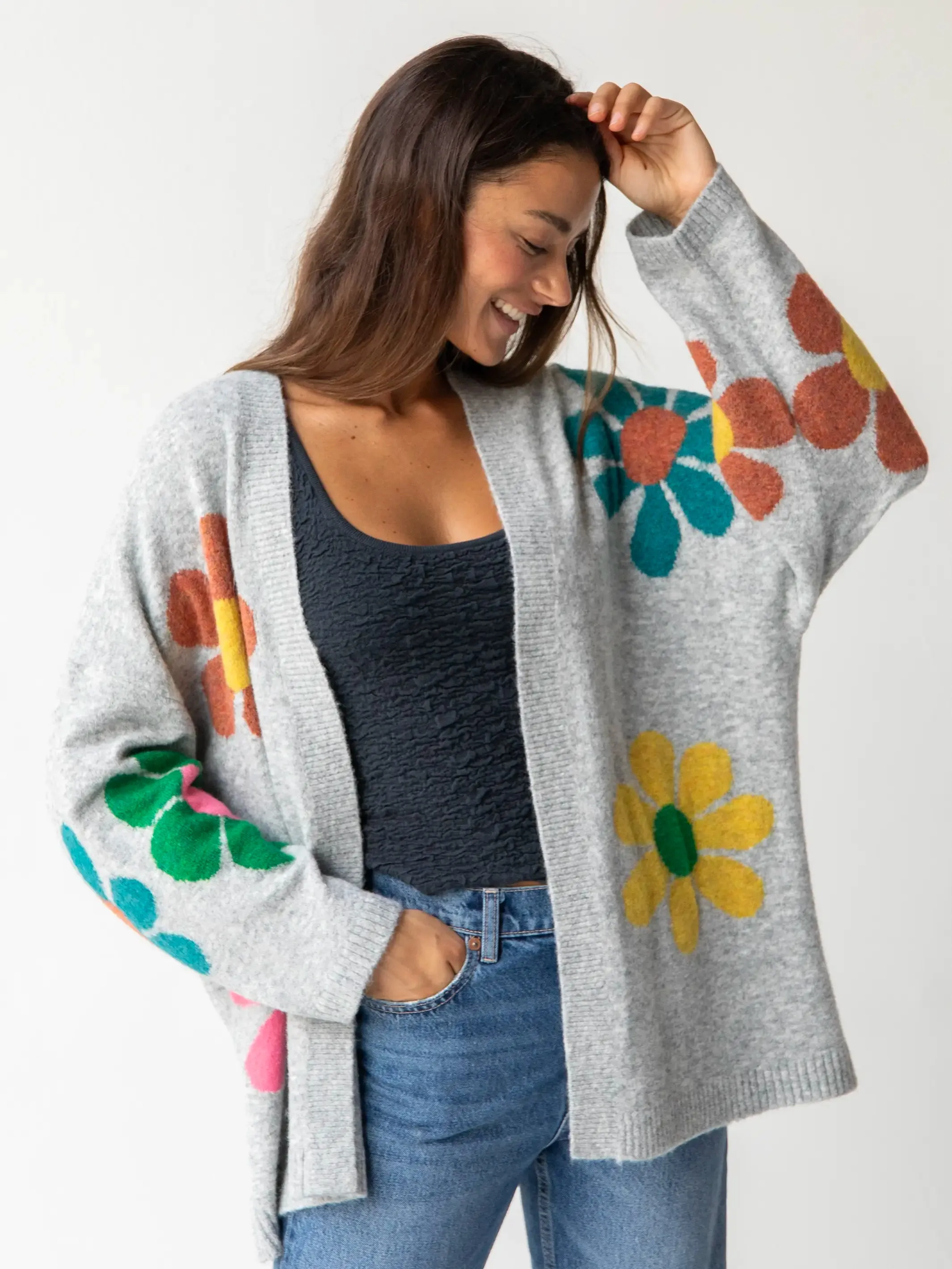 Lexie Intarsia Cardigan Sweater - Light Grey Daisy sold by NATURAL LIFE product image thumbnail 3