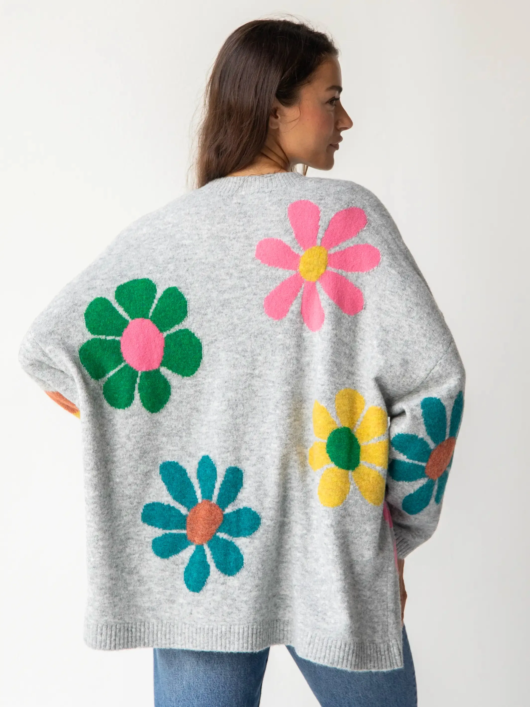 Lexie Intarsia Cardigan Sweater - Light Grey Daisy sold by NATURAL LIFE product image thumbnail 2