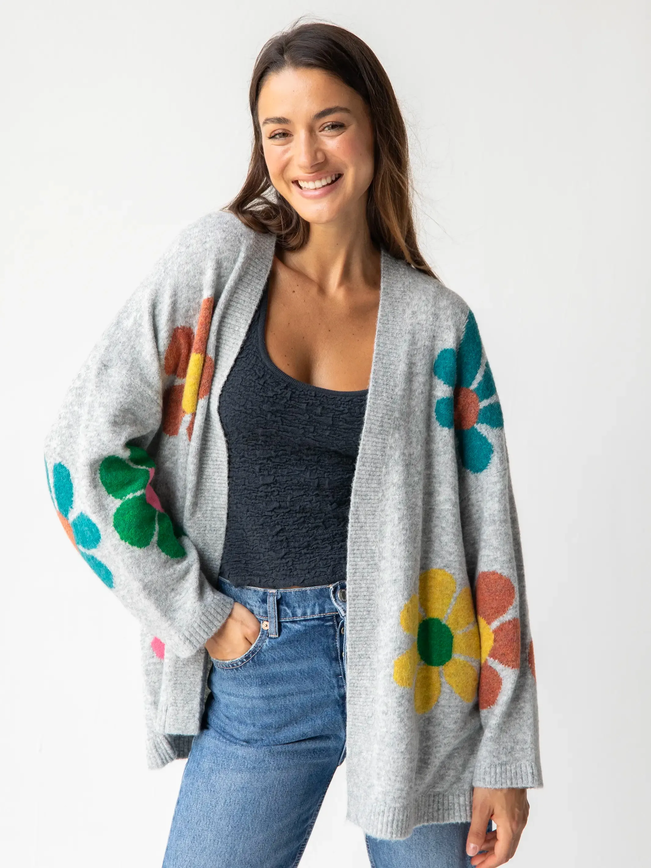 Lexie Intarsia Cardigan Sweater - Light Grey Daisy sold by NATURAL LIFE