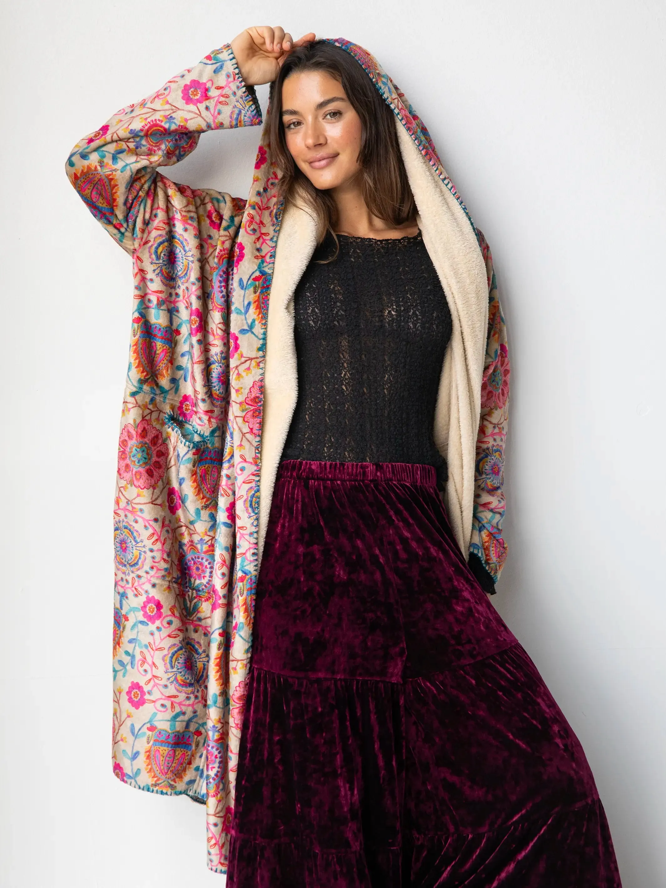 Cozy Blanket Kimono - Cream Printed Folk Circles Long Length sold by NATURAL LIFE