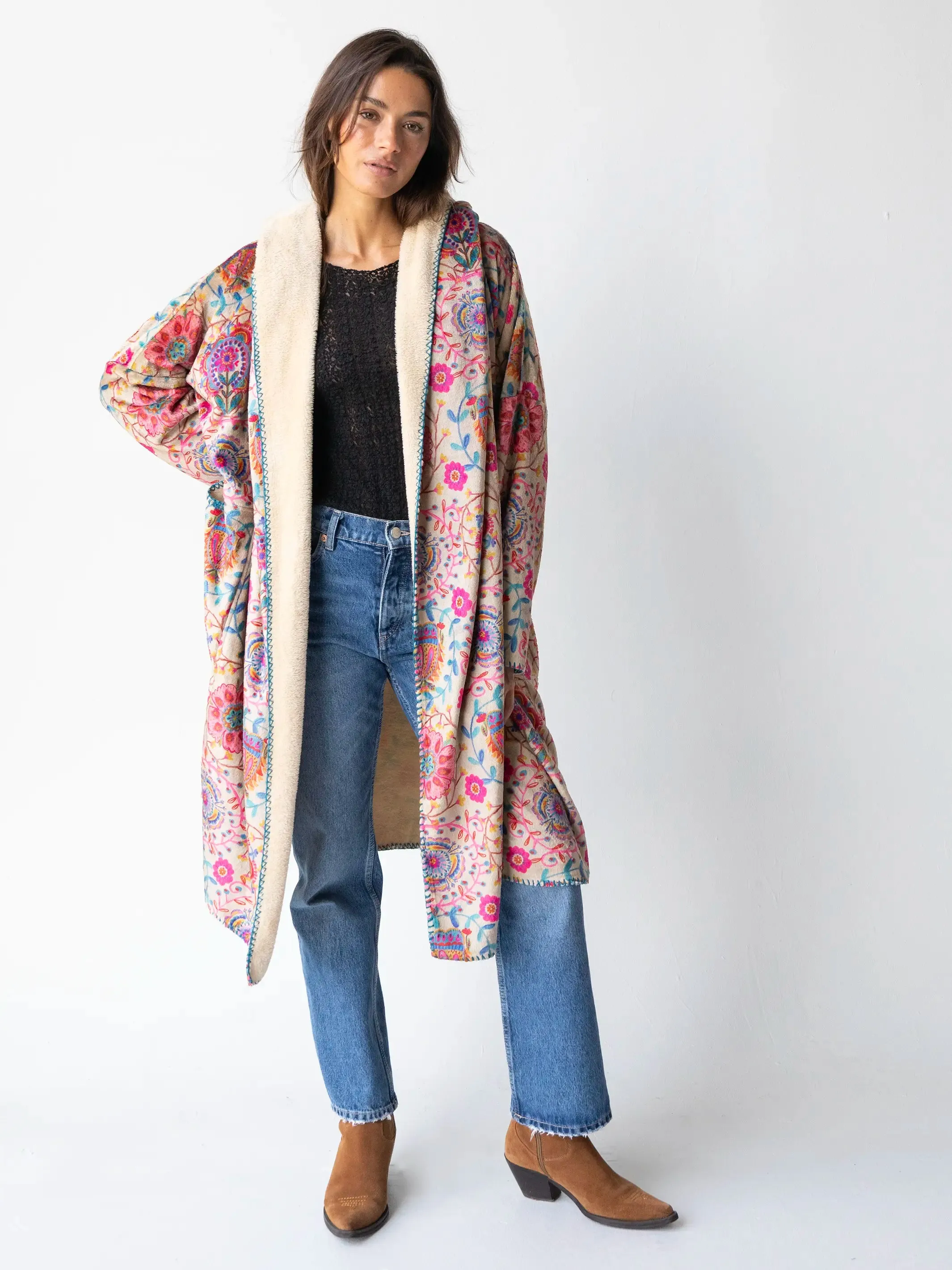 Cozy Blanket Kimono - Cream Printed Folk Circles Long Length sold by NATURAL LIFE product image thumbnail 4