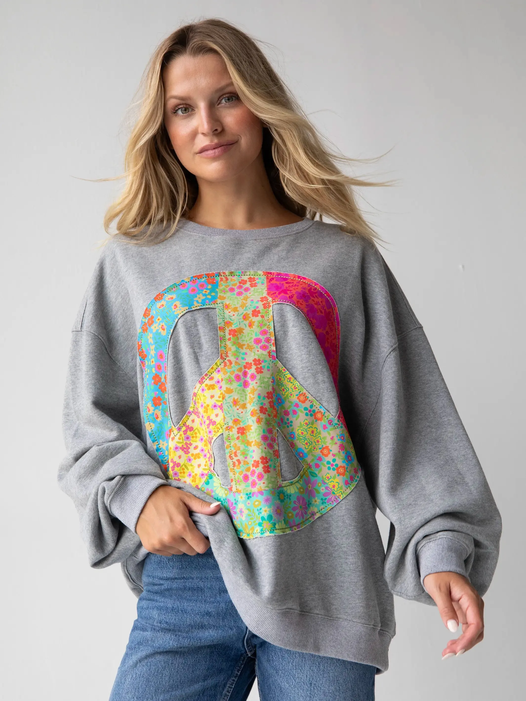 Applique Crewneck Sweatshirt - Heather Grey Peace Sign sold by NATURAL LIFE product image thumbnail 2