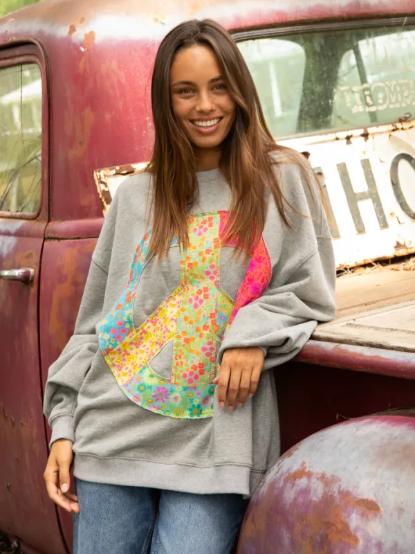 Applique Crewneck Sweatshirt - Heather Grey Peace Sign sold by NATURAL LIFE
