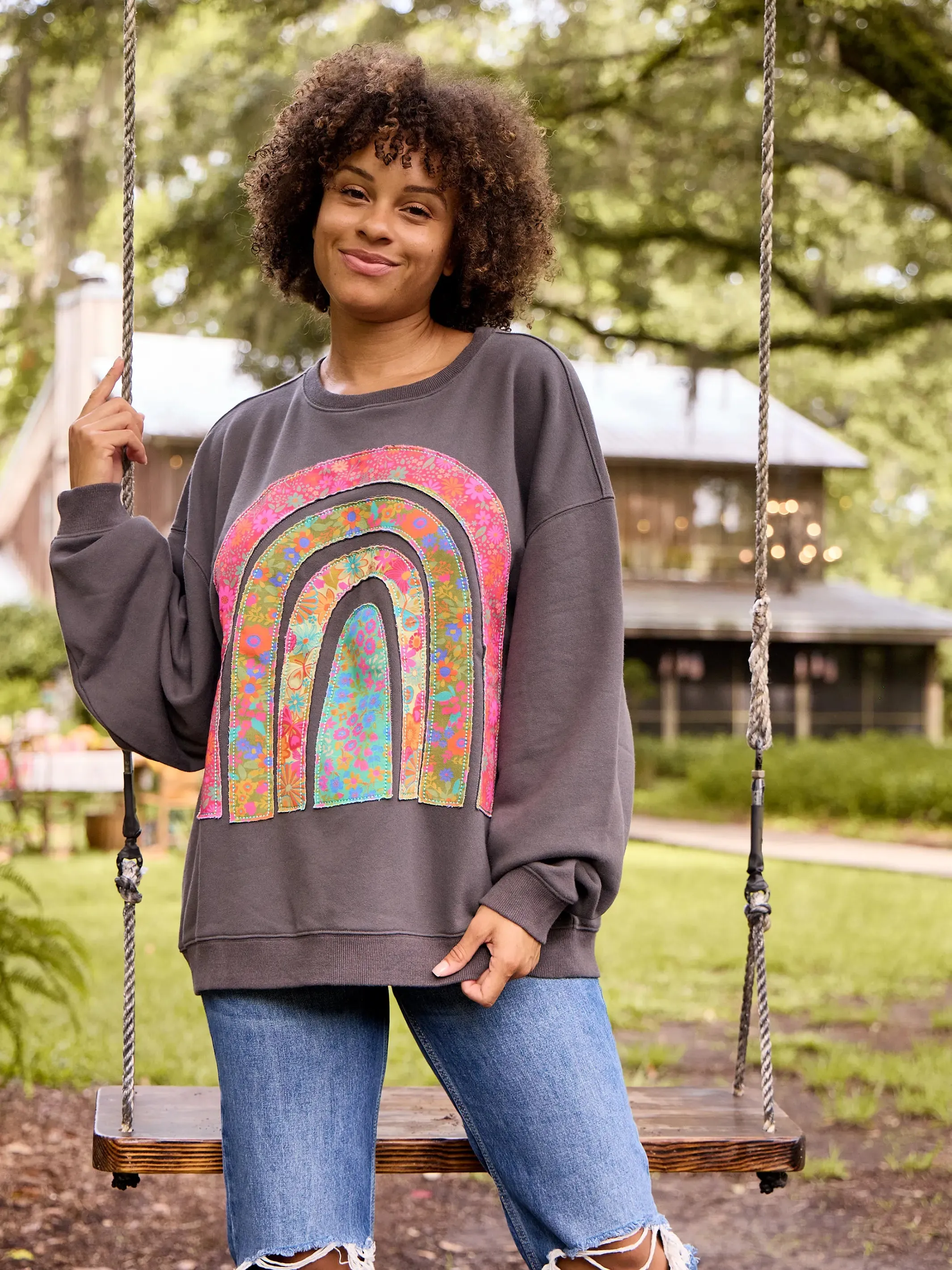 Applique Crewneck Sweatshirt - Charcoal Rainbow sold by NATURAL LIFE