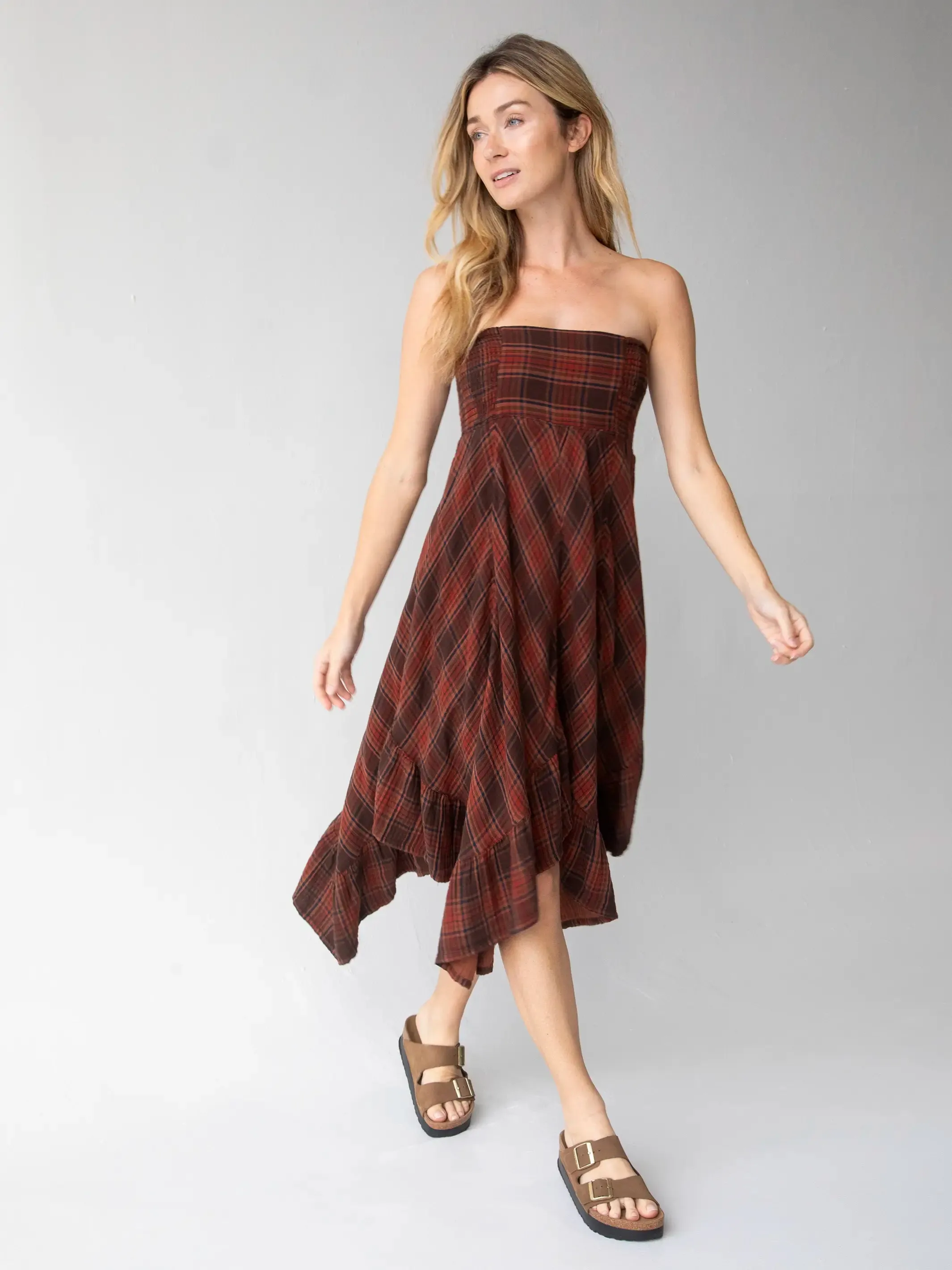 Feelin' Alive Convertible Cotton Midi Skirt - Brown Rust Plaid sold by NATURAL LIFE product image thumbnail 4