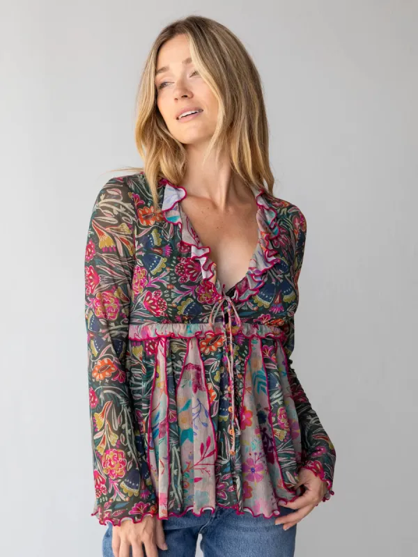 Sierra Ruffle Mesh Top - Green Cream Mixed Floral sold by NATURAL LIFE
