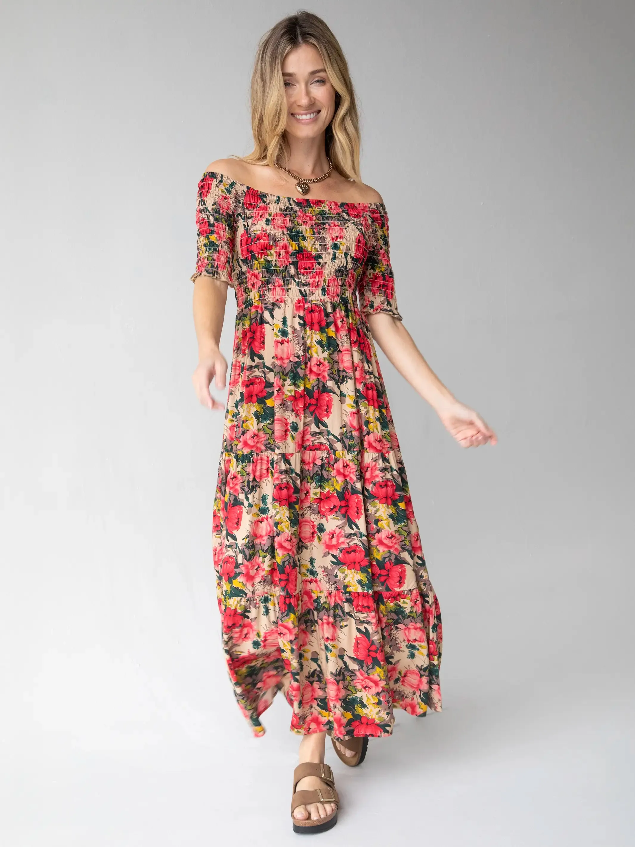 Daisy Tiered Maxi Dress - Tan Red Roses sold by NATURAL LIFE product image thumbnail 4
