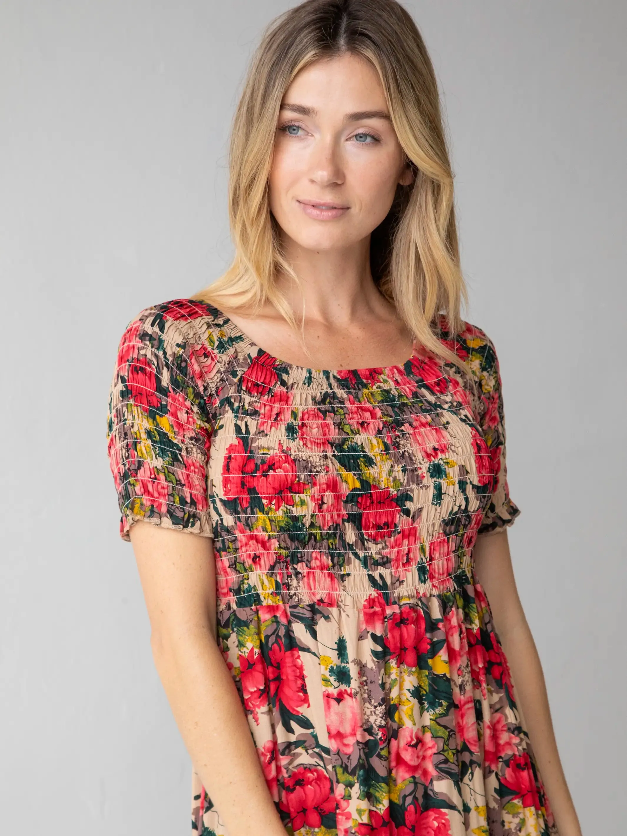 Daisy Tiered Maxi Dress - Tan Red Roses sold by NATURAL LIFE product image thumbnail 2