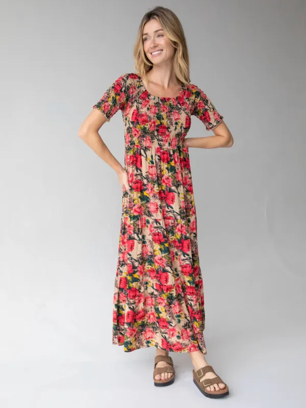 Daisy Tiered Maxi Dress - Tan Red Roses sold by NATURAL LIFE