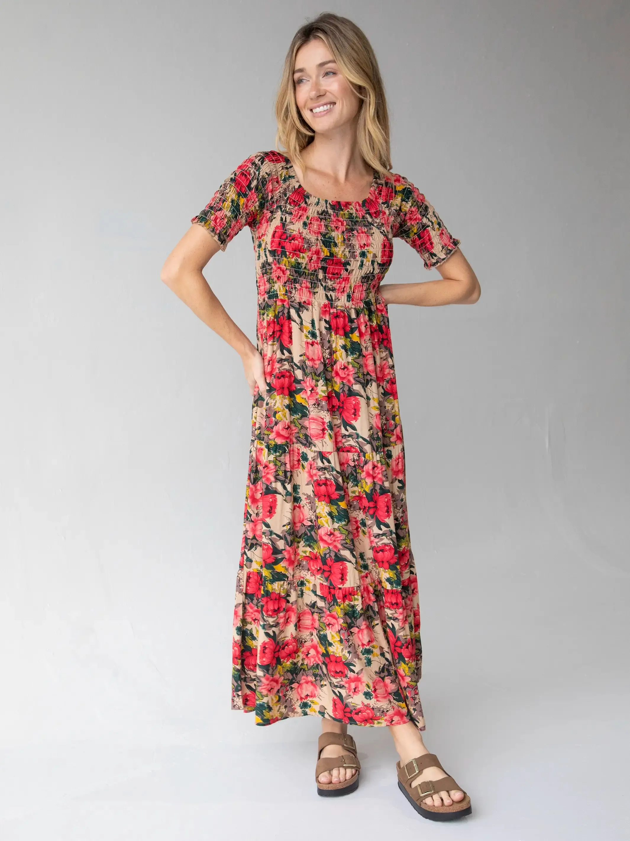 Daisy Tiered Maxi Dress - Tan Red Roses sold by NATURAL LIFE