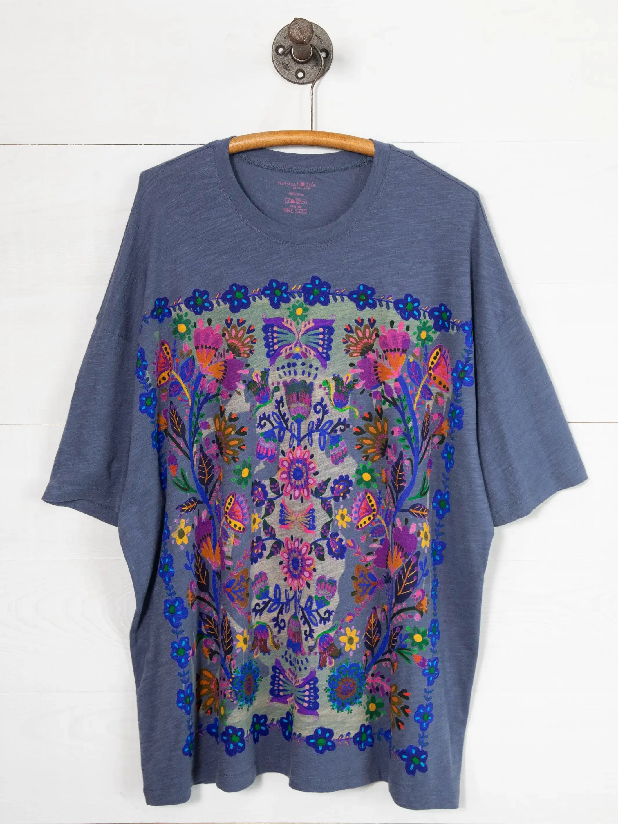 One Size Cotton Easy Tee - Navy Border Folk Garden sold by NATURAL LIFE