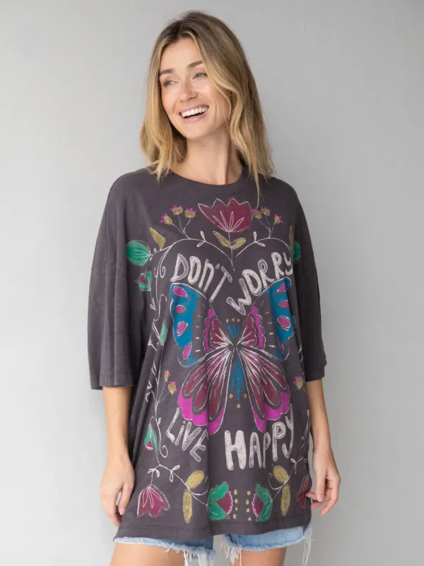 One Size Cotton Easy Tee - Don't Worry Live Happy Charcoal sold by NATURAL LIFE