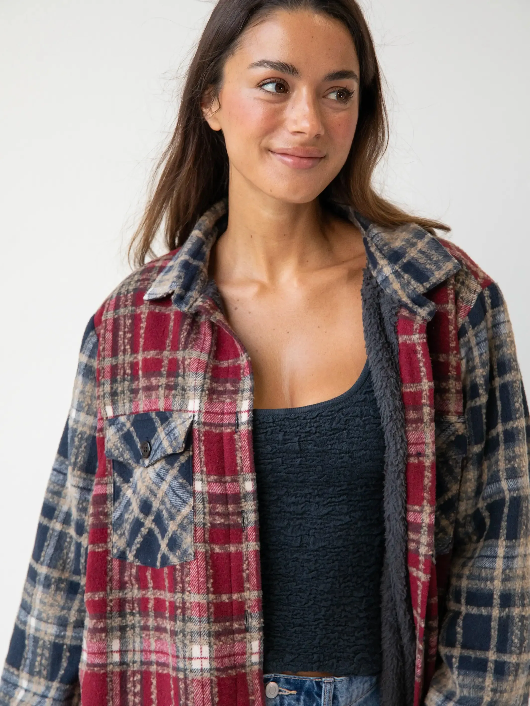 Warm & Cozy Shacket - Cranberry Navy Mixed Plaid sold by NATURAL LIFE product image thumbnail 2