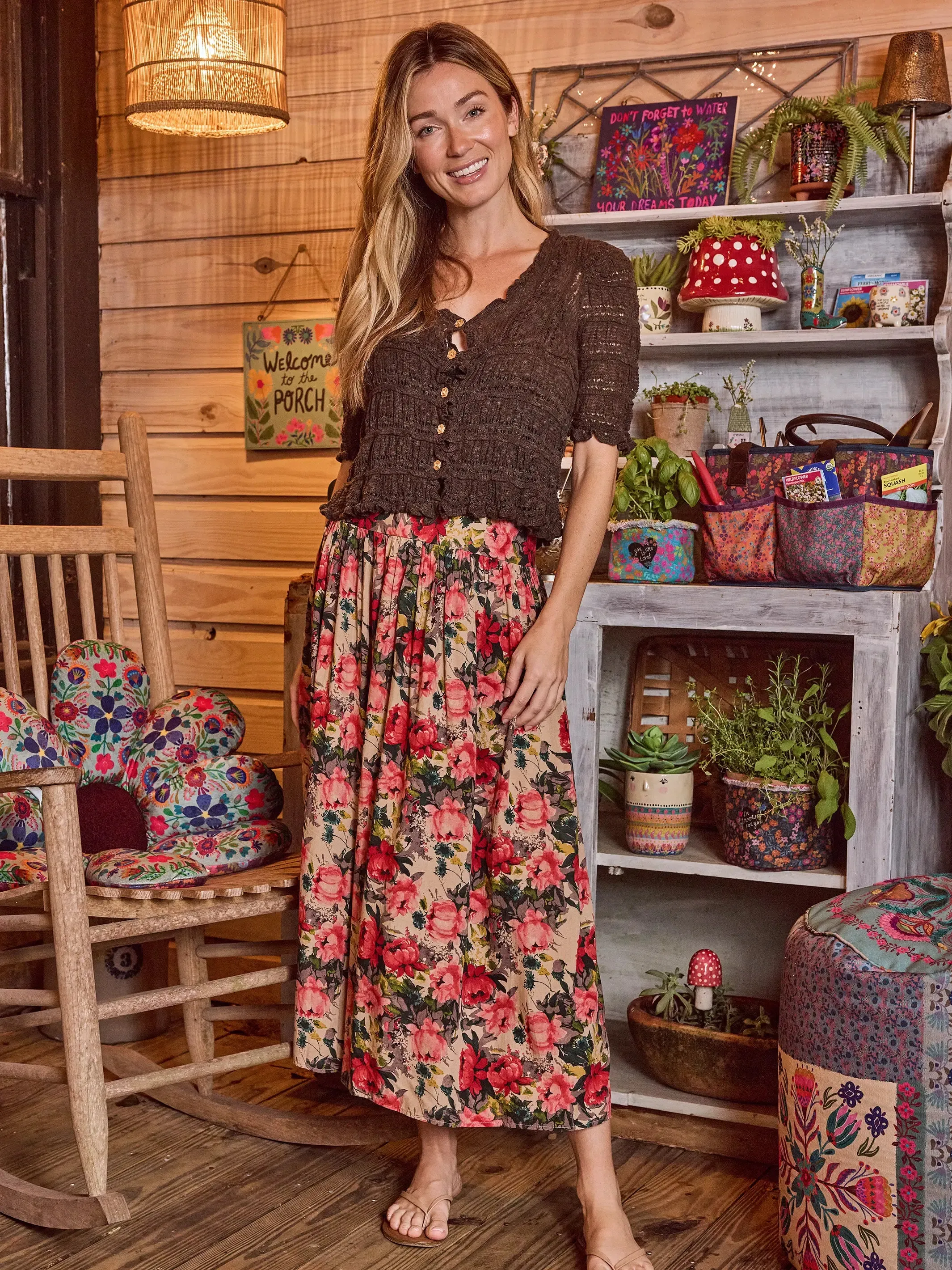 Addie Midi Skirt - Tan Red Roses sold by NATURAL LIFE