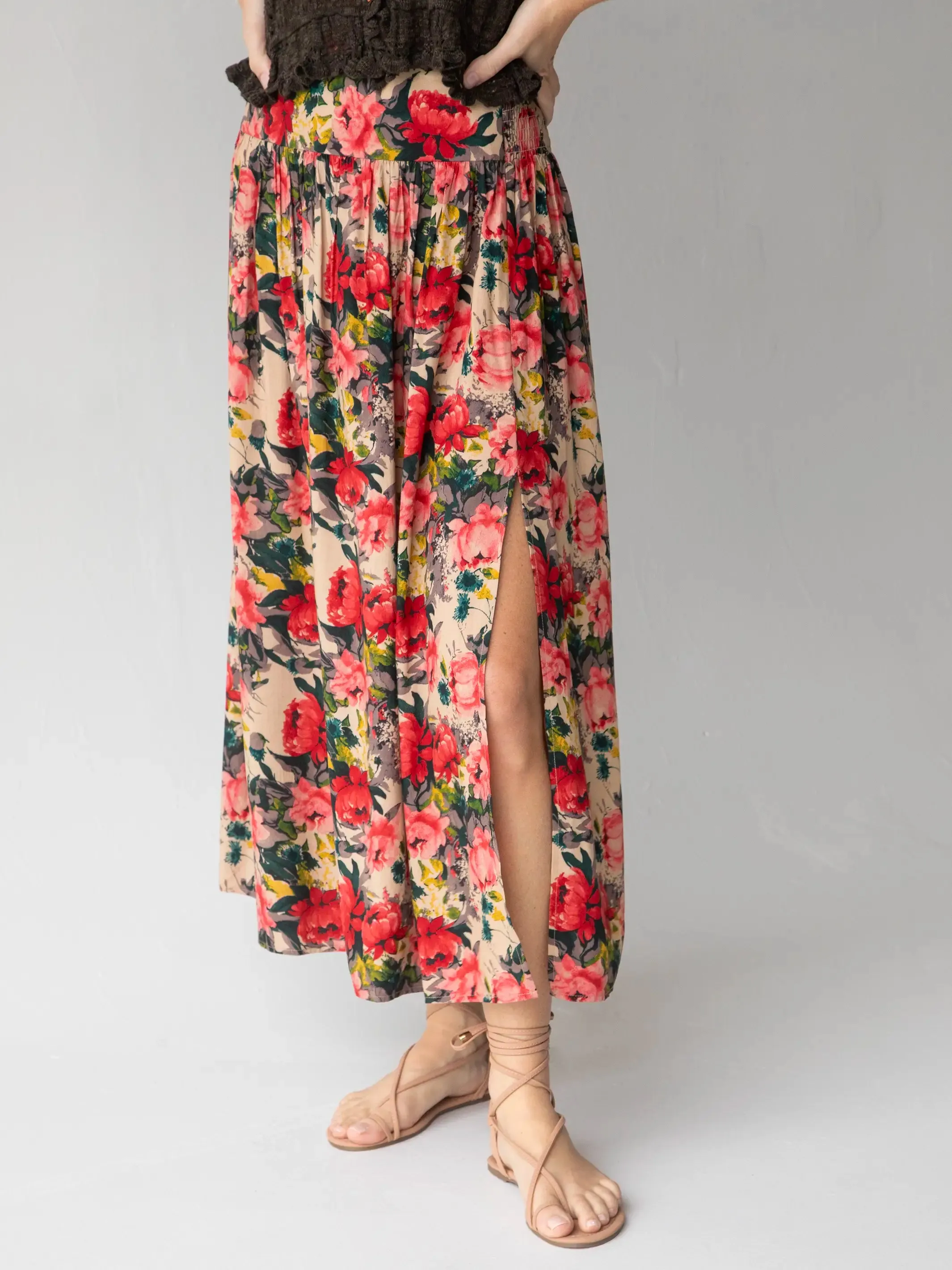 Addie Midi Skirt - Tan Red Roses sold by NATURAL LIFE product image thumbnail 4