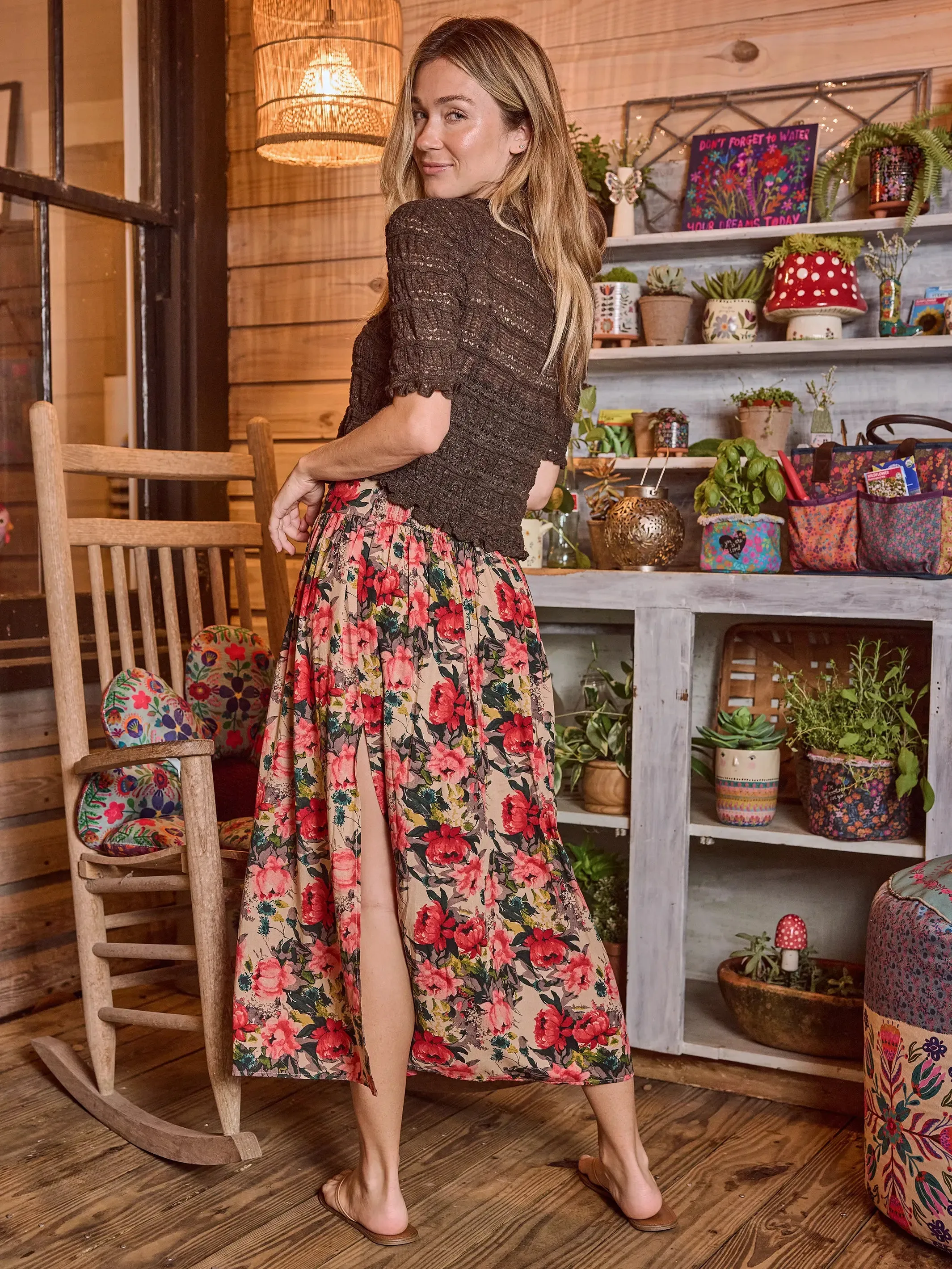 Addie Midi Skirt - Tan Red Roses sold by NATURAL LIFE product image thumbnail 3