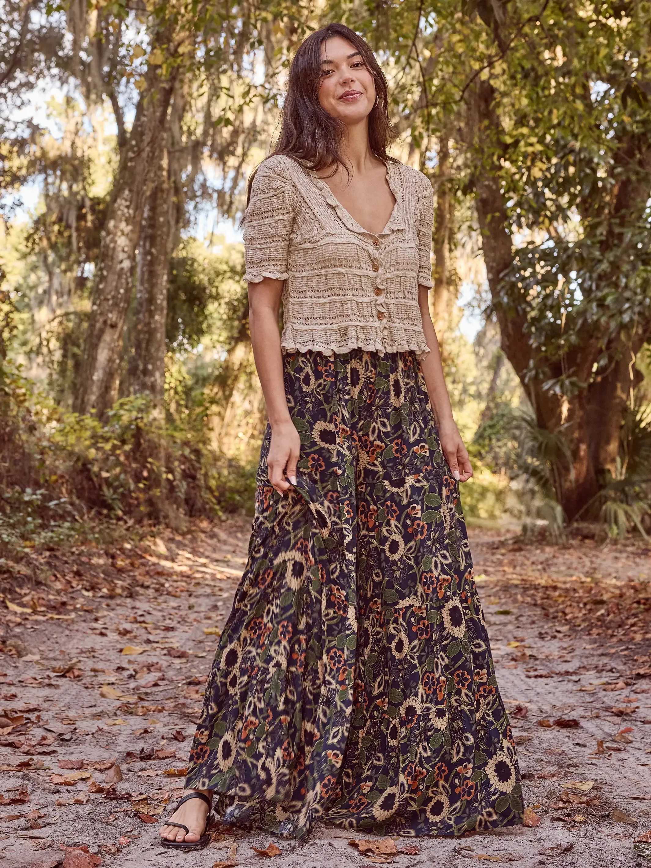 Patti Palazzo Pant - Navy Tan Dahlias sold by NATURAL LIFE