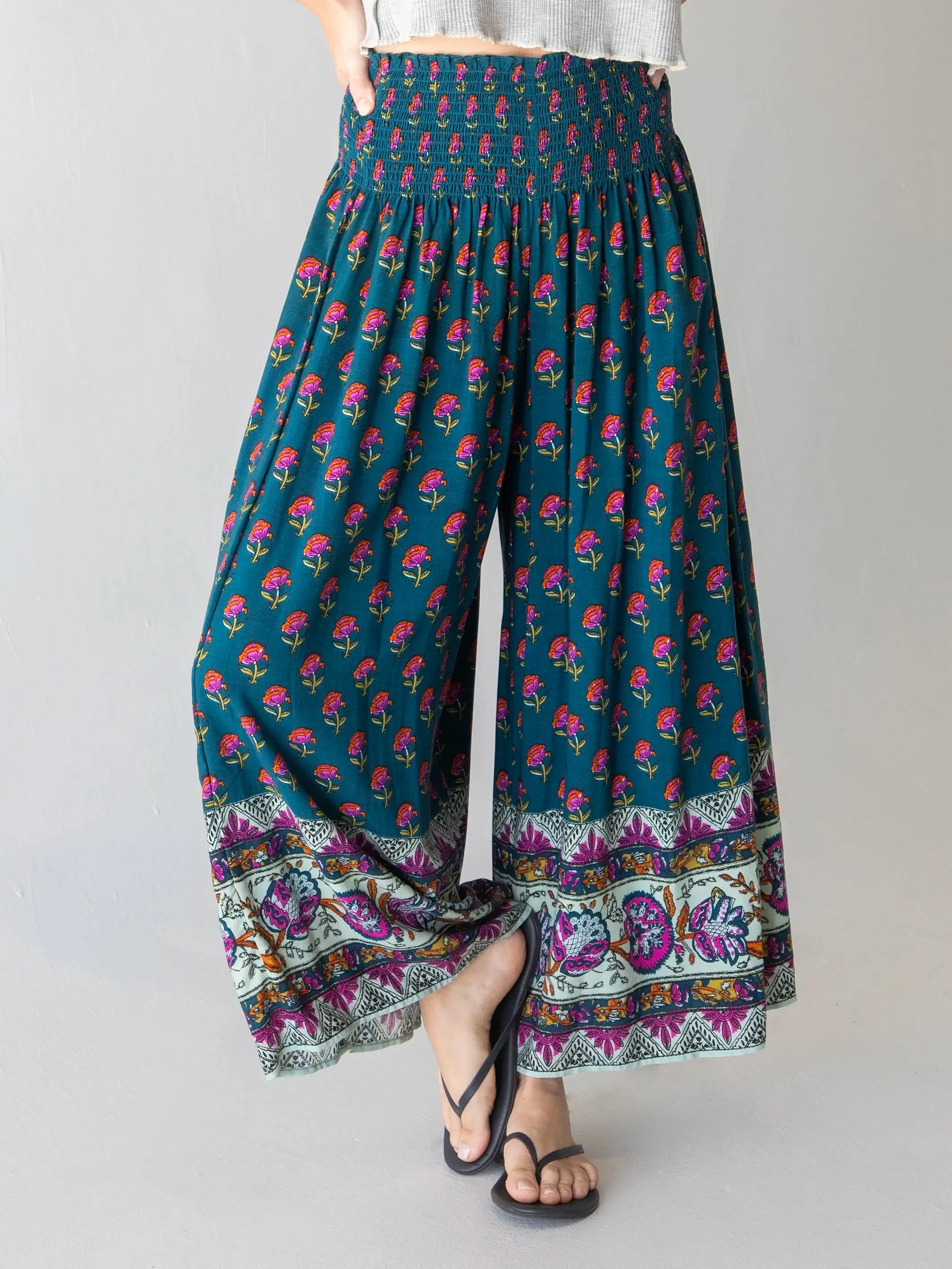 Make A Move Wide-Leg Palazzo Pant - Navy Pink Roses Border sold by NATURAL LIFE