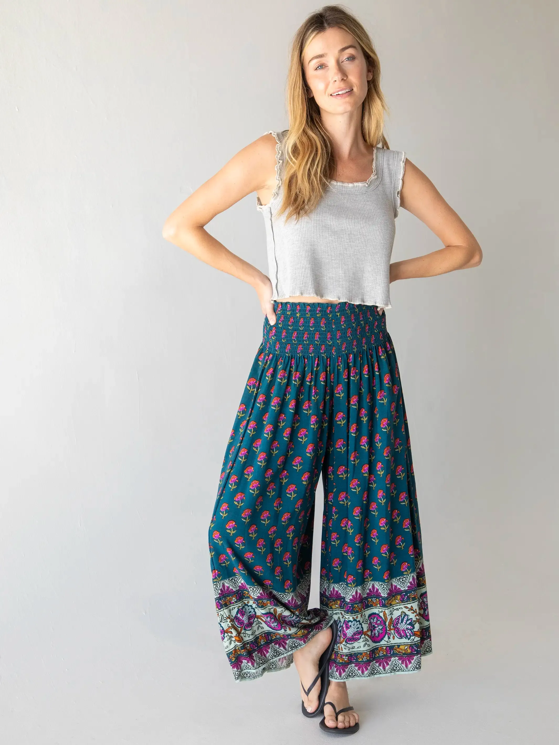 Make A Move Wide-Leg Palazzo Pant - Navy Pink Roses Border sold by NATURAL LIFE product image thumbnail 2