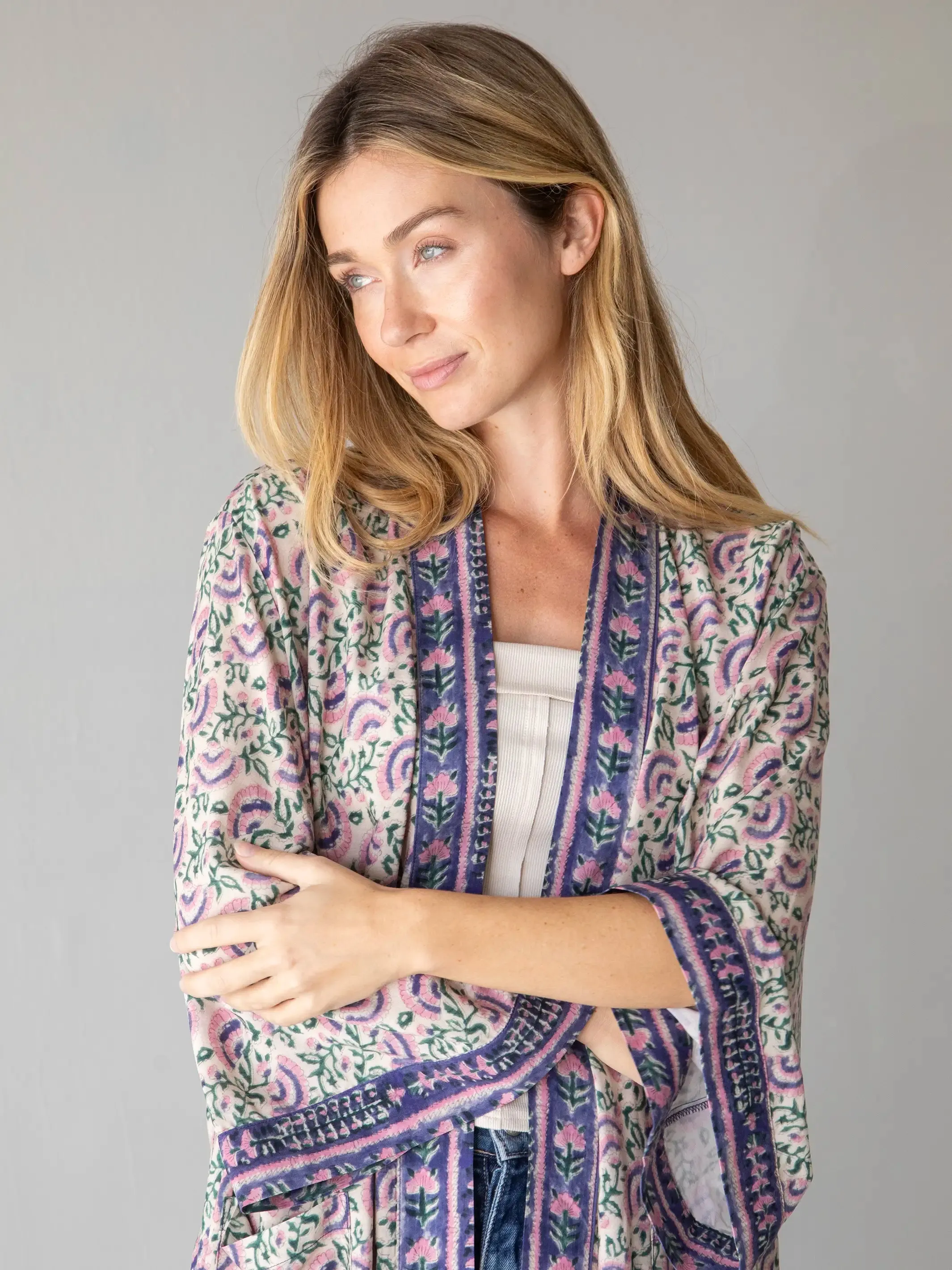 Camila Kimono - Purple Fan Floral Border sold by NATURAL LIFE product image thumbnail 2