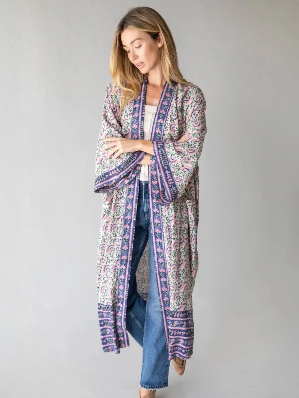 Camila Kimono - Purple Fan Floral Border sold by NATURAL LIFE