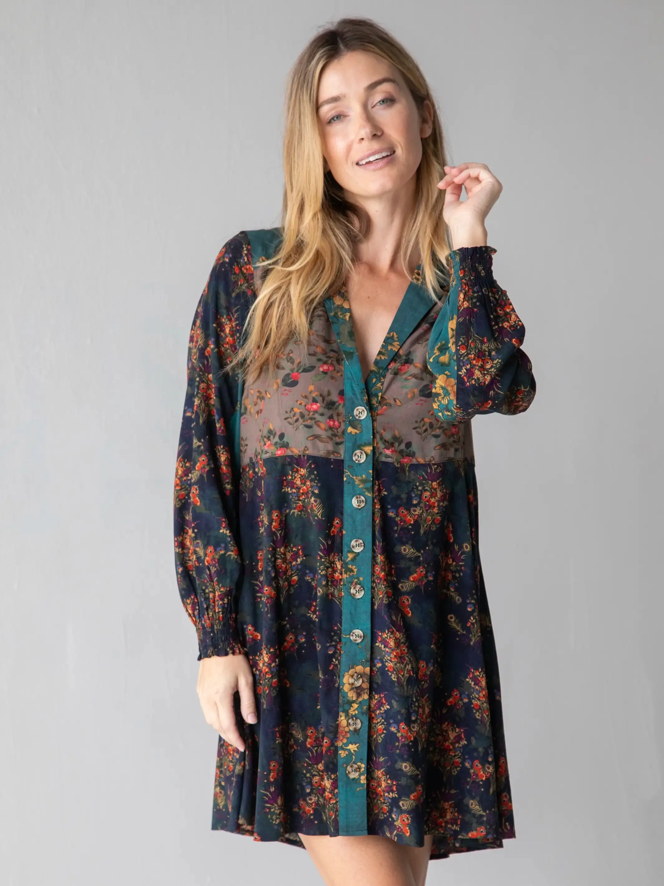 Ansley Woven Tunic Shirt Dress - Grey Navy Teal Mix Floral sold by NATURAL LIFE