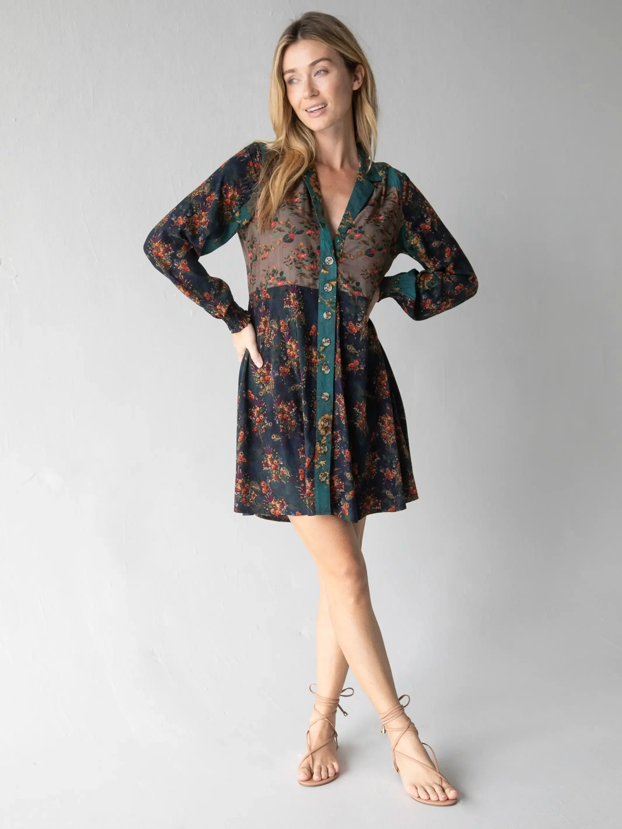 Ansley Woven Tunic Shirt Dress - Grey Navy Teal Mix Floral sold by NATURAL LIFE product image thumbnail 4