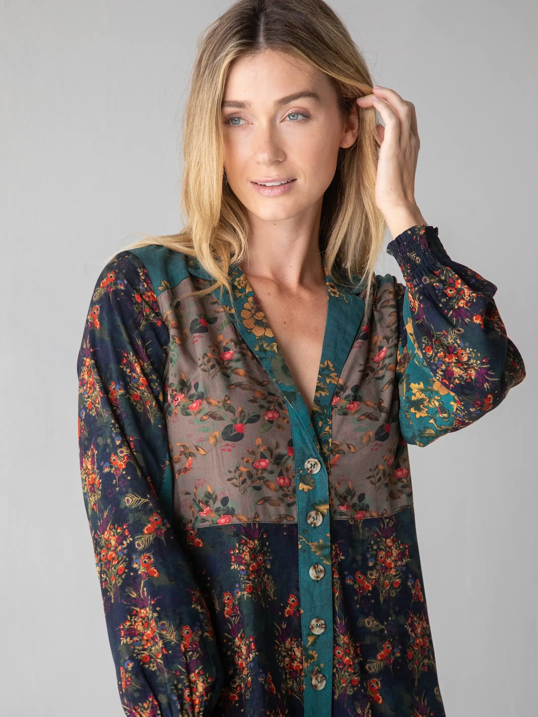 Ansley Woven Tunic Shirt Dress - Grey Navy Teal Mix Floral sold by NATURAL LIFE product image thumbnail 2